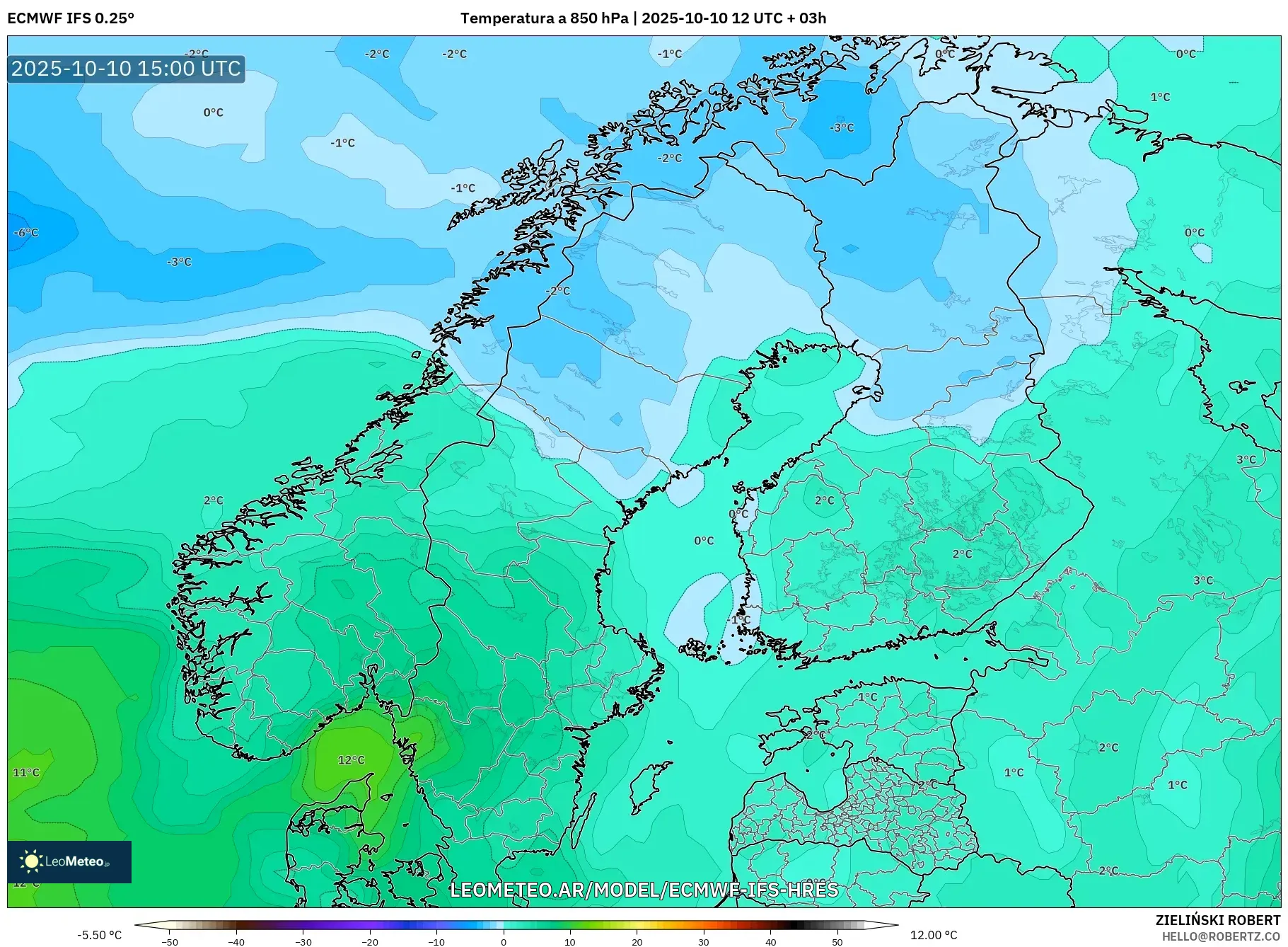 ECMWF IFS 0.25° model - Escandinavia, Temperatura a 850 hPa