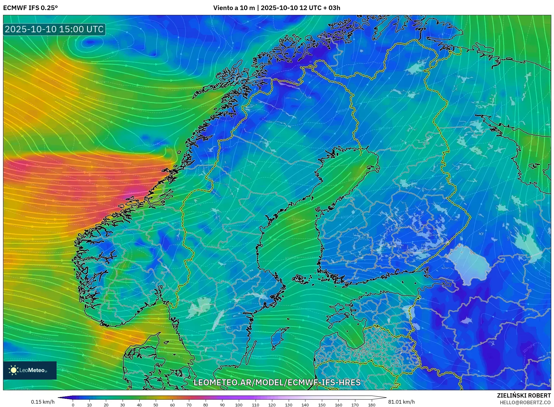 ECMWF IFS 0.25° model - Escandinavia, Viento a 10 m ECMWF IFS 0.25° model - Escandinavia, Viento a 10 m
