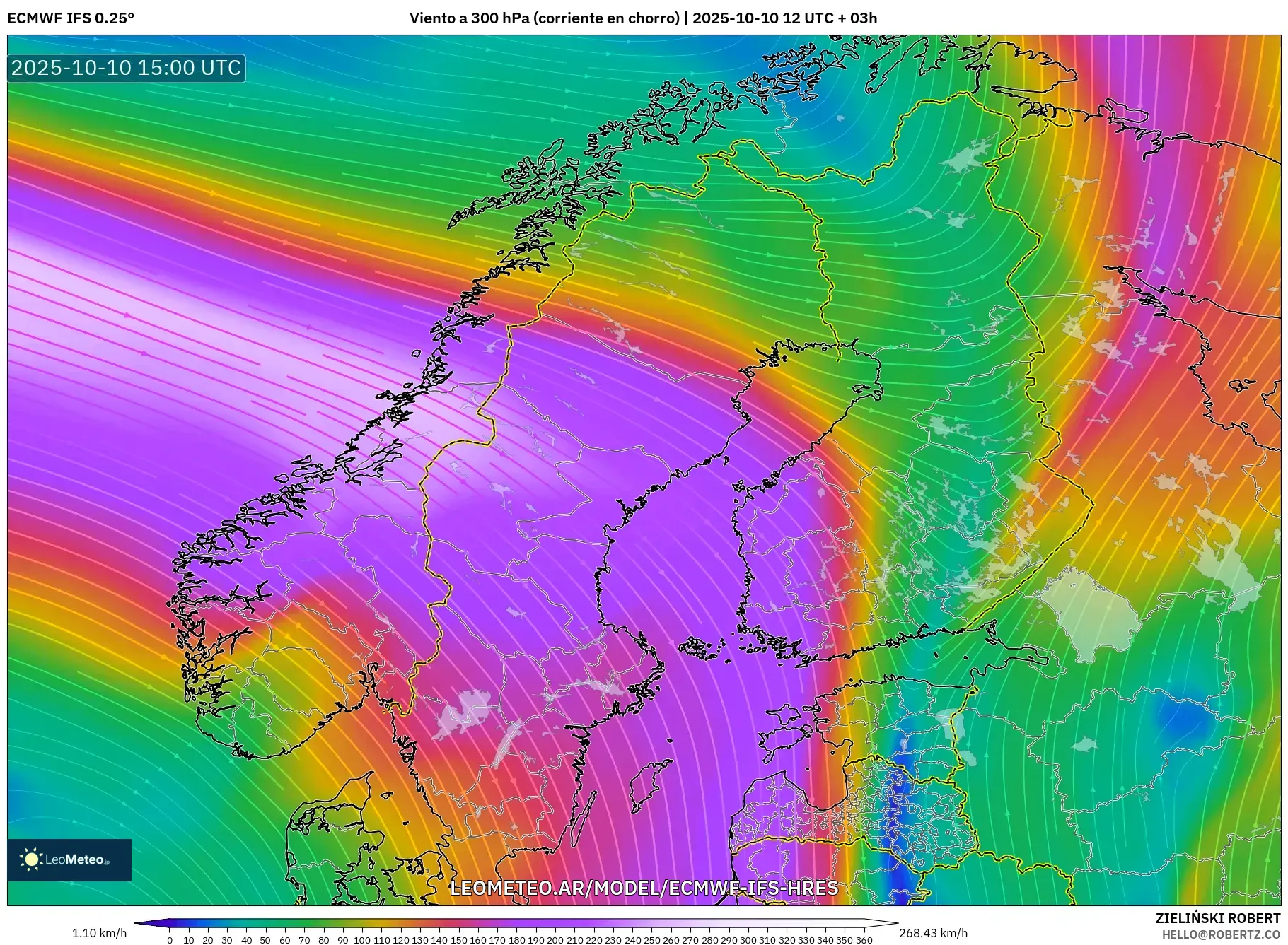 ECMWF IFS 0.25° model - Escandinavia, Viento a 300 hPa (corriente en chorro) ECMWF IFS 0.25° model - Escandinavia, Viento a 300 hPa (corriente en chorro)