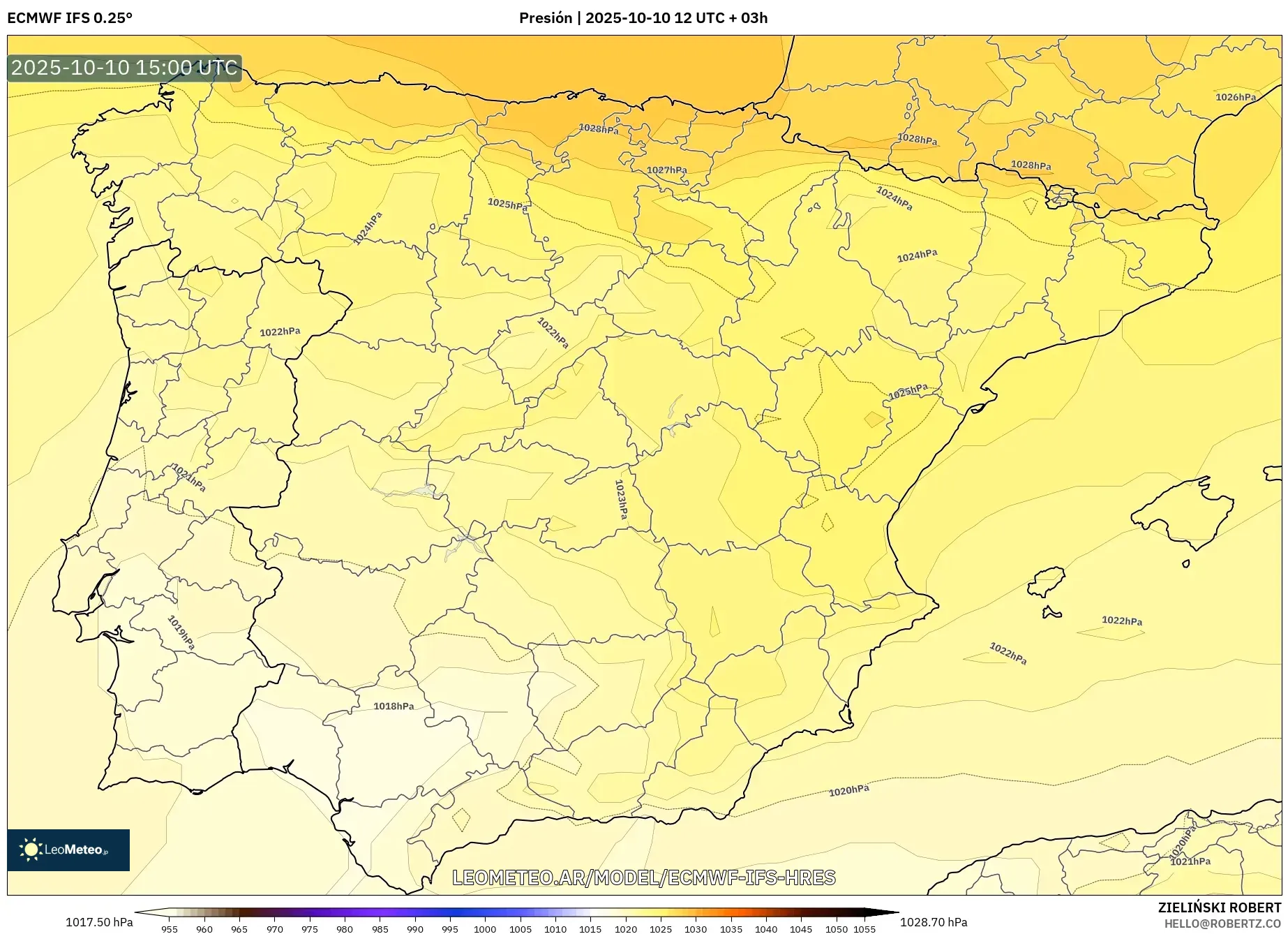 ECMWF IFS 0.25° model - España, Presión ECMWF IFS 0.25° model - España, Presión