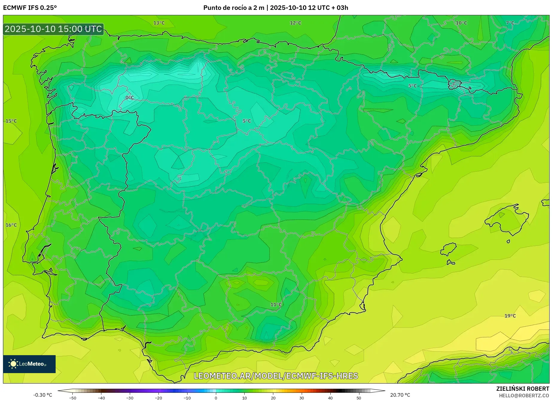 ECMWF IFS 0.25° model - España, Punto de rocío a 2 m ECMWF IFS 0.25° model - España, Punto de rocío a 2 m