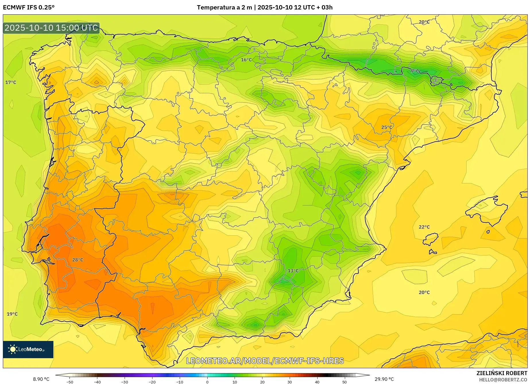 ECMWF IFS 0.25° model - España, Temperatura a 2 m ECMWF IFS 0.25° model - España, Temperatura a 2 m