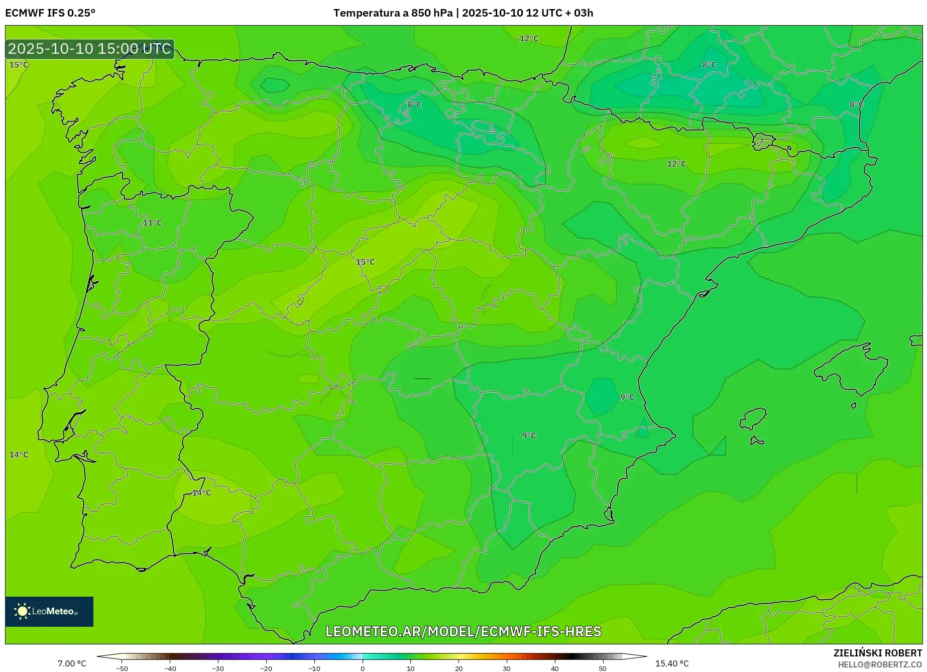 ECMWF IFS 0.25° model - España, Temperatura a 850 hPa
