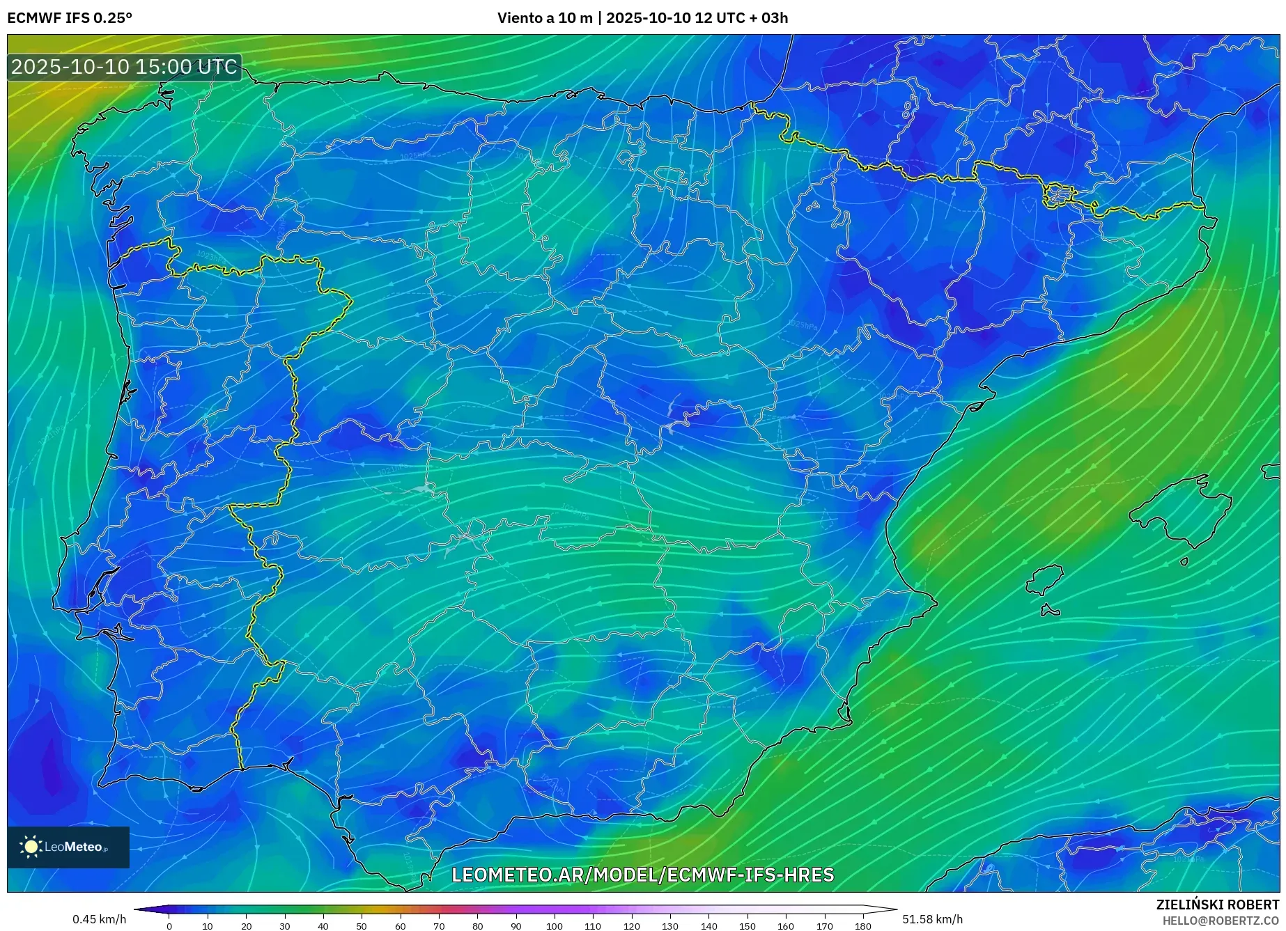 ECMWF IFS 0.25° model - España, Viento a 10 m ECMWF IFS 0.25° model - España, Viento a 10 m