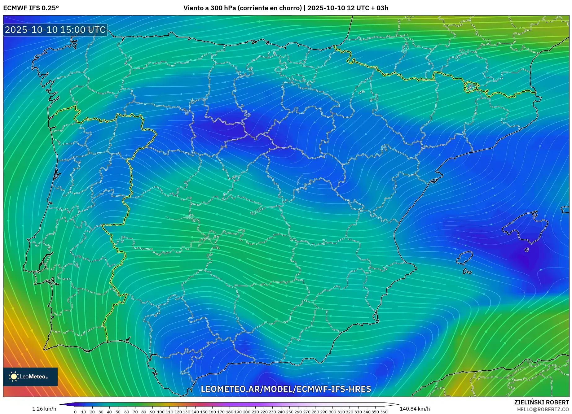 ECMWF IFS 0.25° model - España, Viento a 300 hPa (corriente en chorro) ECMWF IFS 0.25° model - España, Viento a 300 hPa (corriente en chorro)