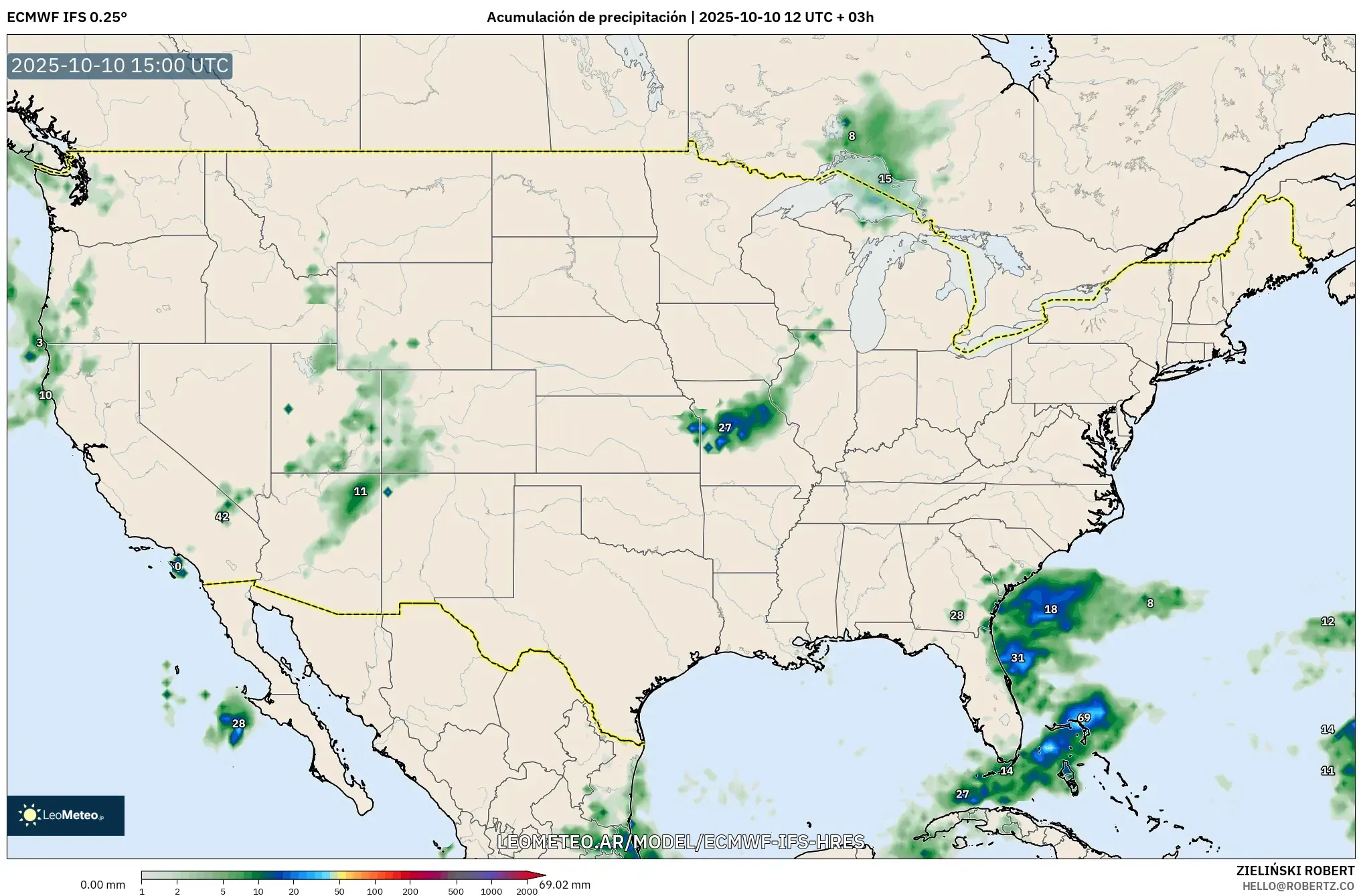 ECMWF IFS 0.25° model - Estados Unidos, Acumulación de precipitación