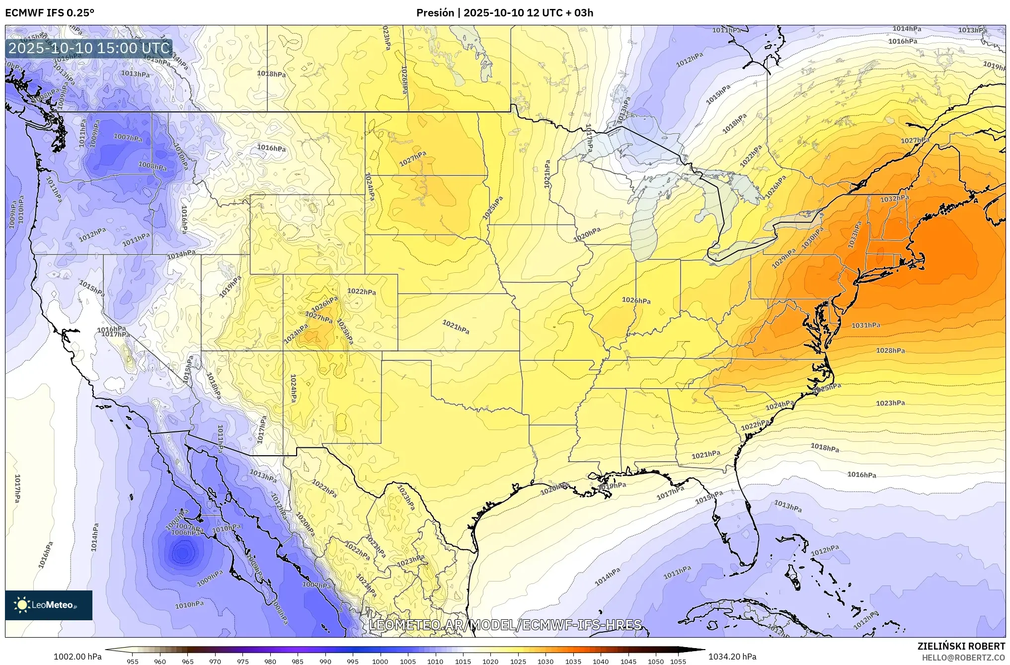 ECMWF IFS 0.25° model - Estados Unidos, Presión ECMWF IFS 0.25° model - Estados Unidos, Presión