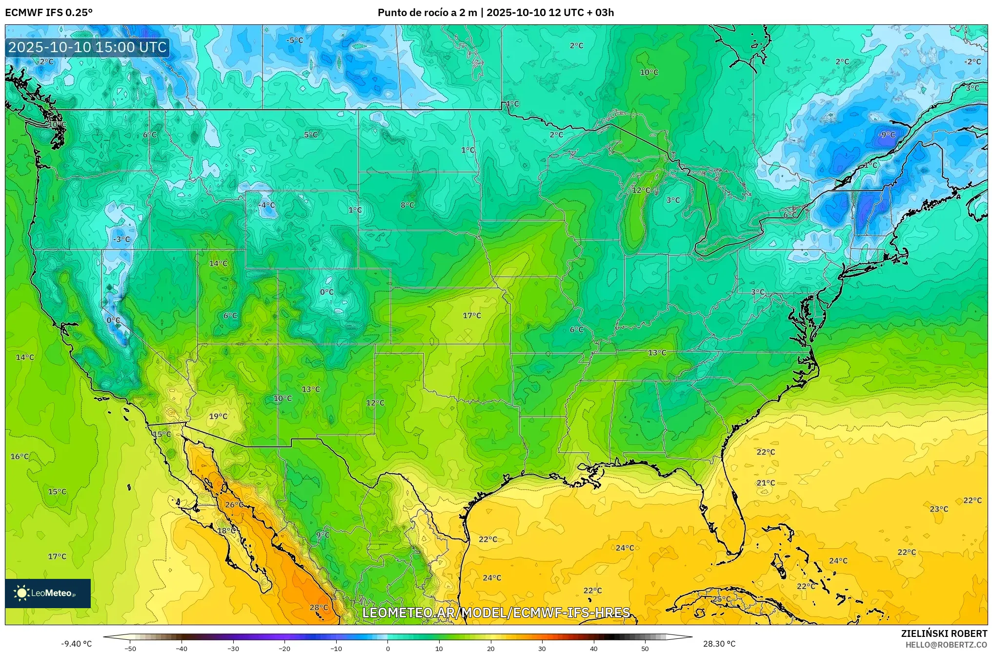 ECMWF IFS 0.25° model - Estados Unidos, Punto de rocío a 2 m ECMWF IFS 0.25° model - Estados Unidos, Punto de rocío a 2 m