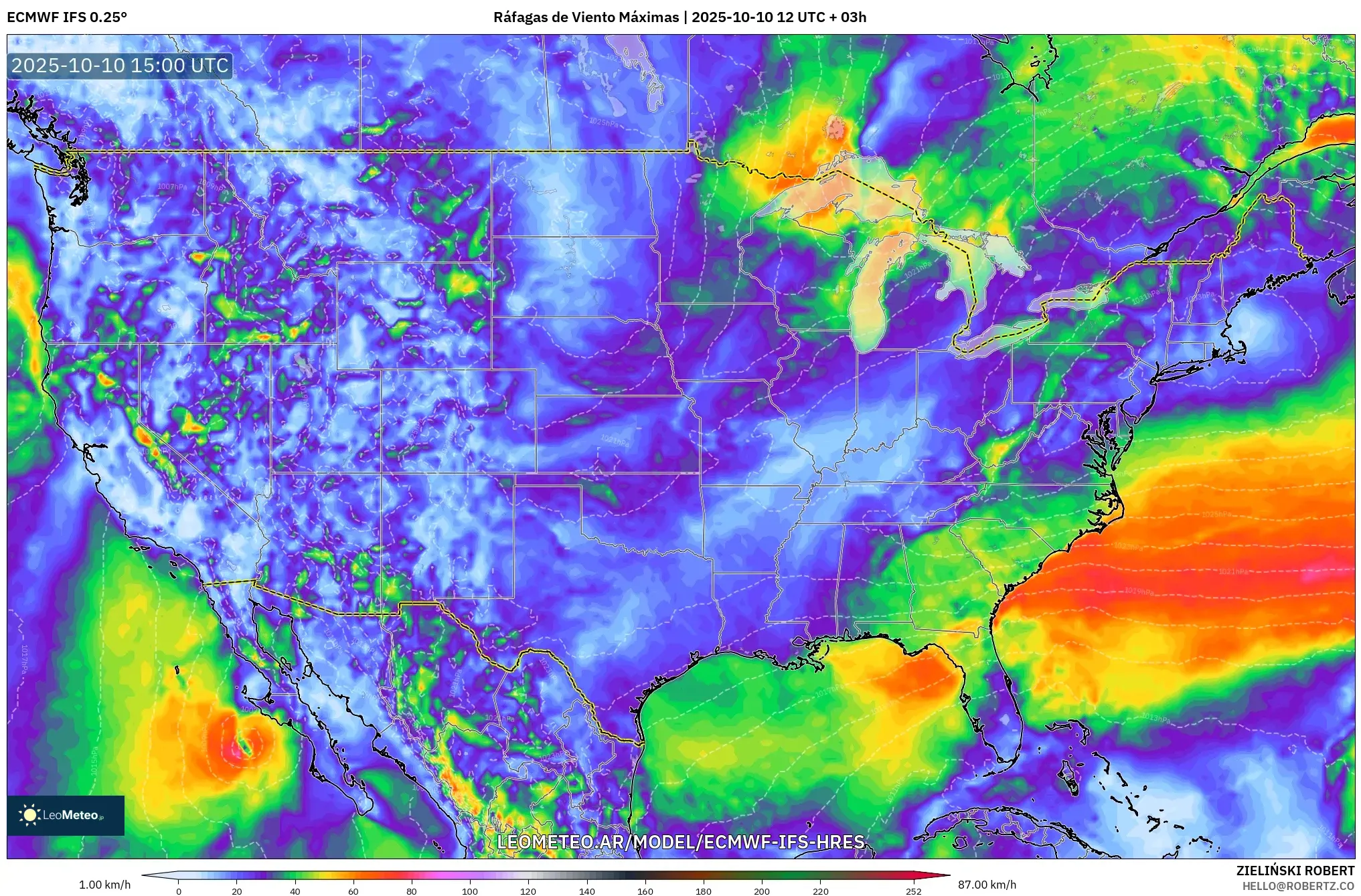 ECMWF IFS 0.25° model - Estados Unidos, Ráfagas de Viento Máximas ECMWF IFS 0.25° model - Estados Unidos, Ráfagas de Viento Máximas