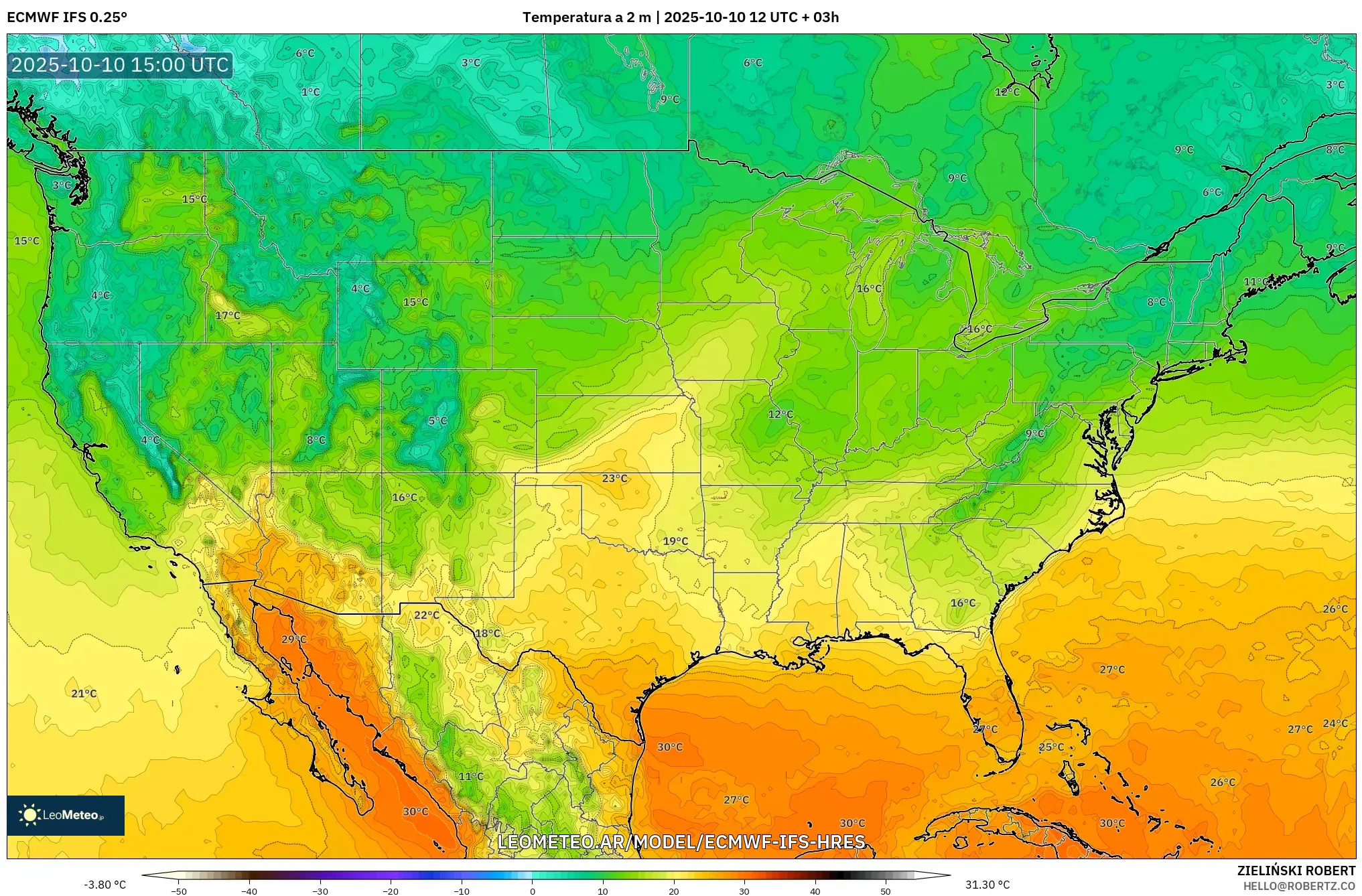 ECMWF IFS 0.25° model - Estados Unidos, Temperatura a 2 m ECMWF IFS 0.25° model - Estados Unidos, Temperatura a 2 m