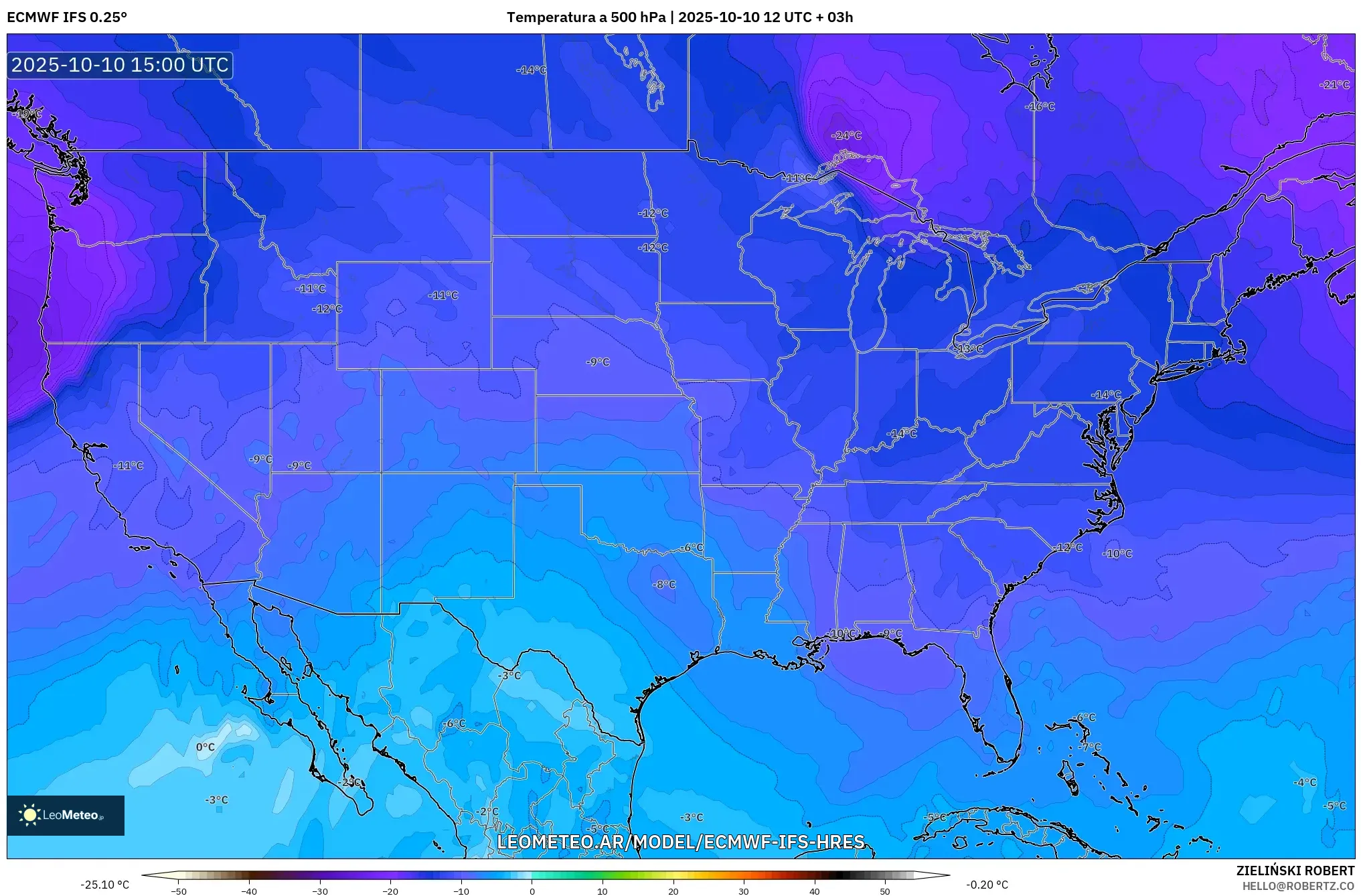 ECMWF IFS 0.25° model - Estados Unidos, Temperatura a 500 hPa ECMWF IFS 0.25° model - Estados Unidos, Temperatura a 500 hPa