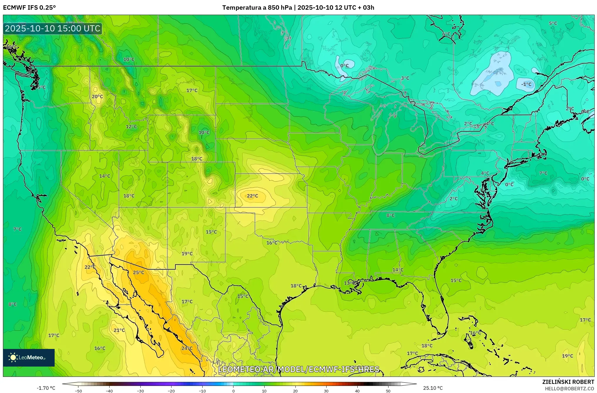 ECMWF IFS 0.25° model - Estados Unidos, Temperatura a 850 hPa ECMWF IFS 0.25° model - Estados Unidos, Temperatura a 850 hPa