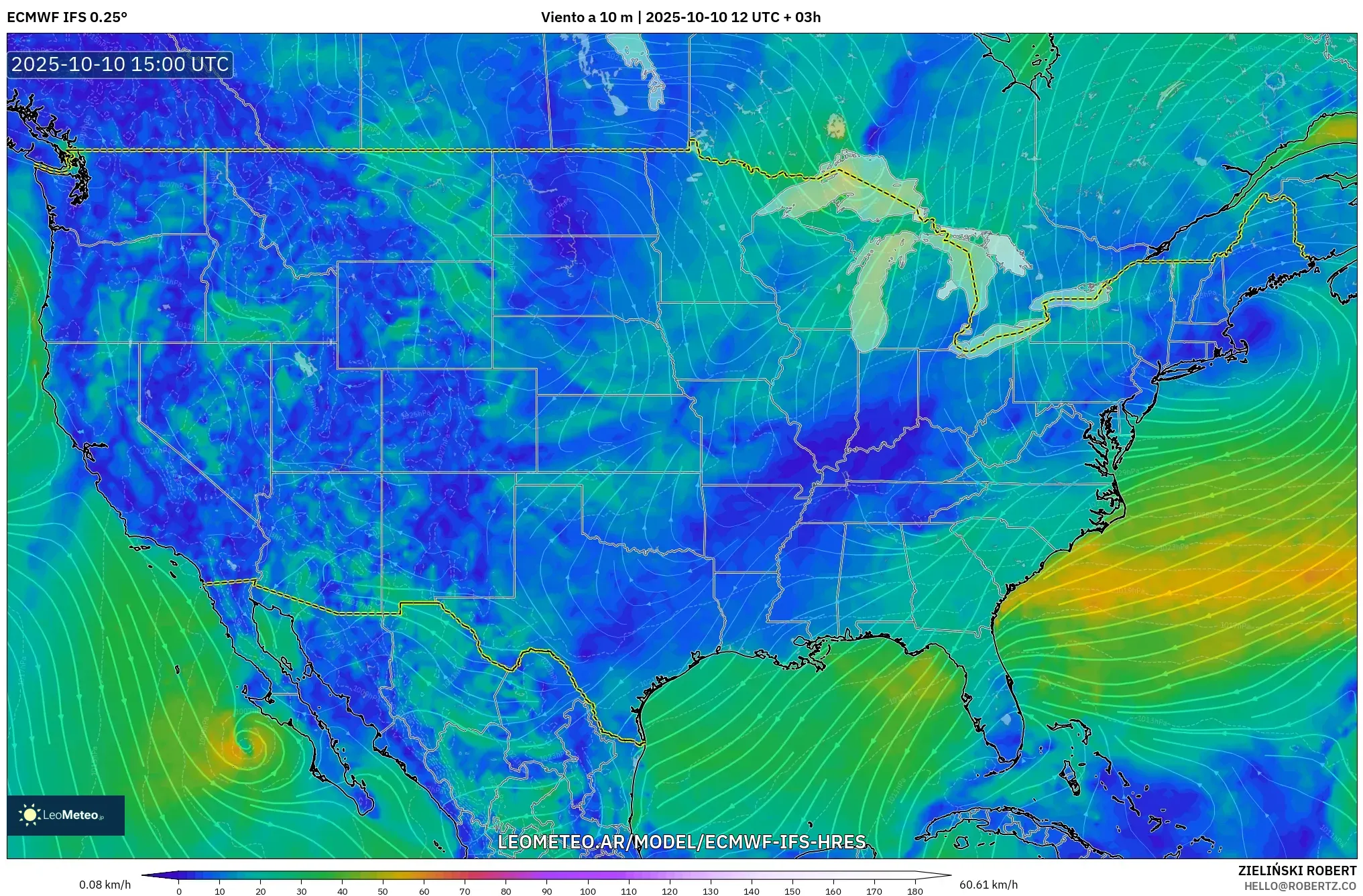 ECMWF IFS 0.25° model - Estados Unidos, Viento a 10 m ECMWF IFS 0.25° model - Estados Unidos, Viento a 10 m