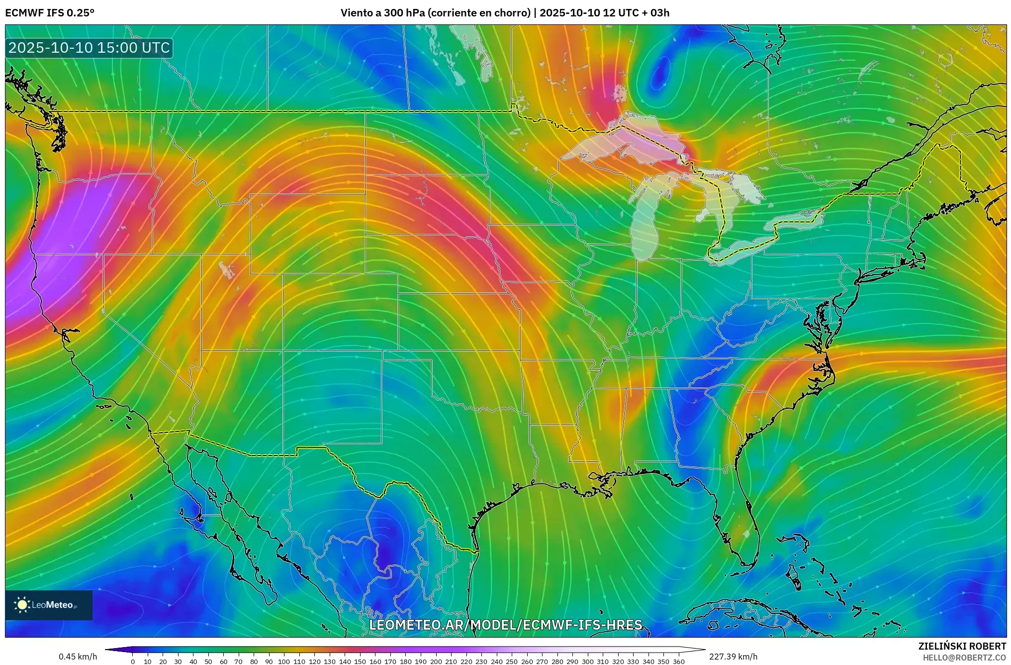 ECMWF IFS 0.25° model - Estados Unidos, Viento a 300 hPa (corriente en chorro) ECMWF IFS 0.25° model - Estados Unidos, Viento a 300 hPa (corriente en chorro)