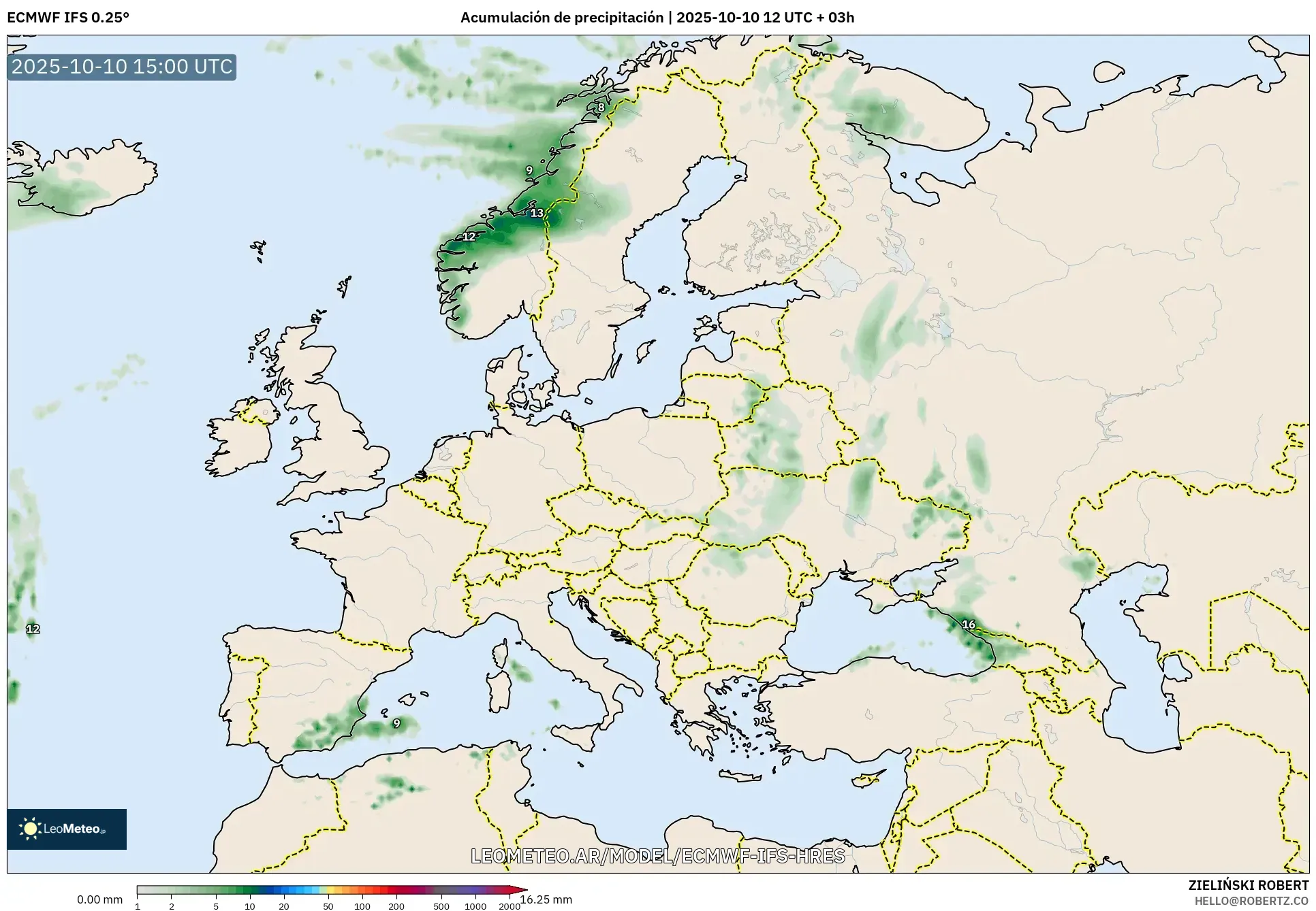 ECMWF IFS 0.25° model - Europa, Acumulación de precipitación ECMWF IFS 0.25° model - Europa, Acumulación de precipitación