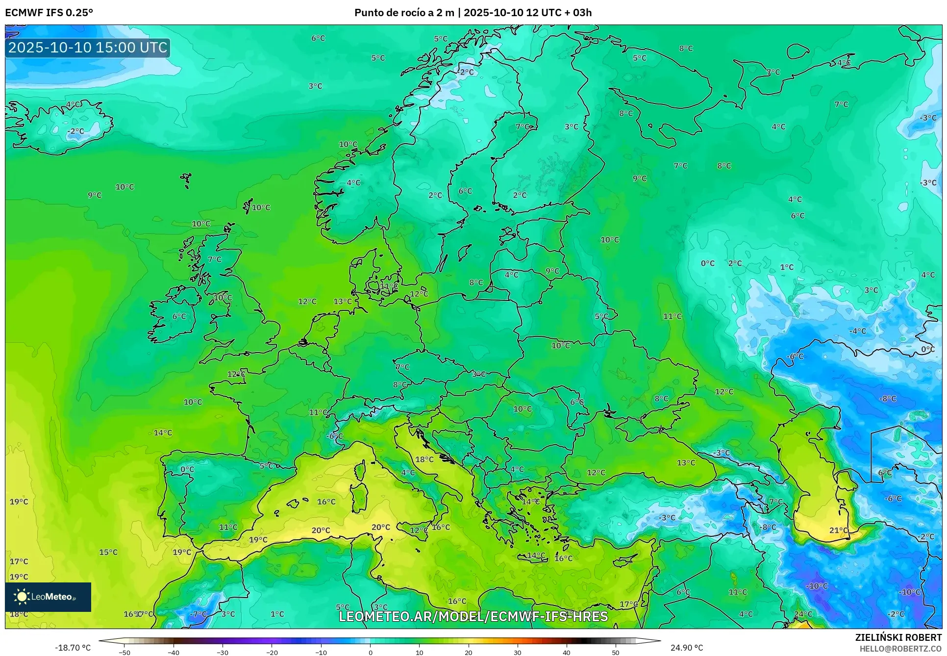 ECMWF IFS 0.25° model - Europa, Punto de rocío a 2 m