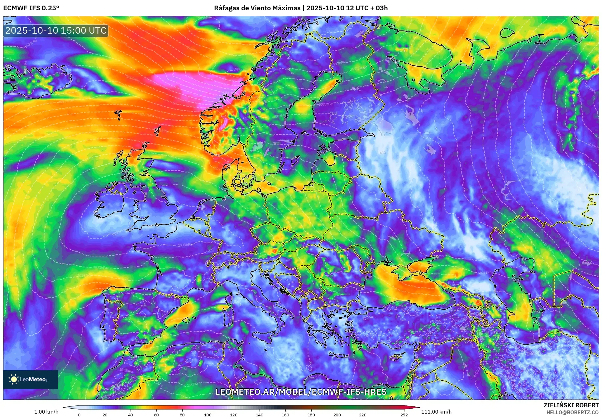 ECMWF IFS 0.25° model - Europa, Ráfagas de Viento Máximas ECMWF IFS 0.25° model - Europa, Ráfagas de Viento Máximas