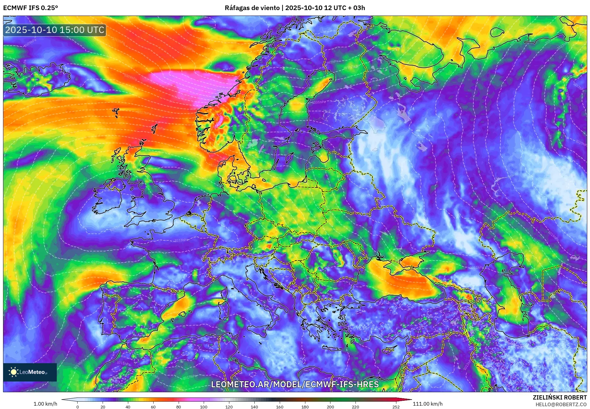 ECMWF IFS 0.25° model - Europa, Ráfagas de viento