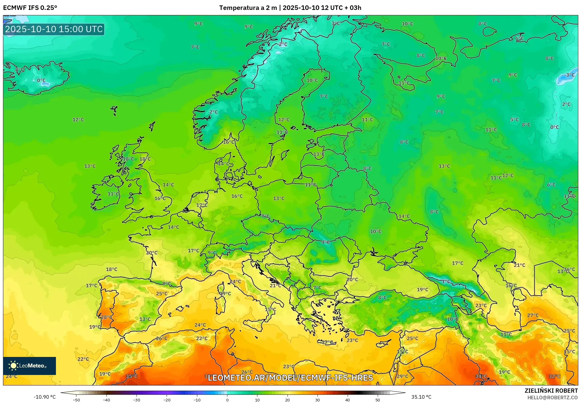 ECMWF IFS 0.25° model - Europa, Temperatura a 2 m ECMWF IFS 0.25° model - Europa, Temperatura a 2 m