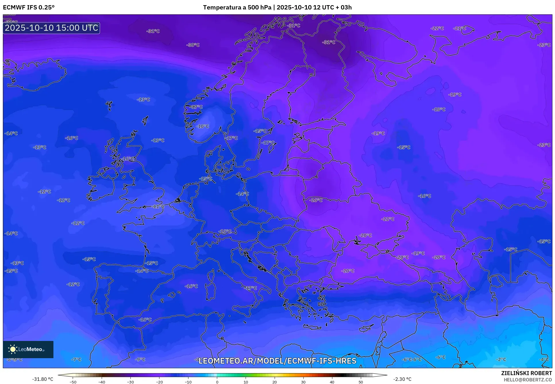 ECMWF IFS 0.25° model - Europa, Temperatura a 500 hPa ECMWF IFS 0.25° model - Europa, Temperatura a 500 hPa