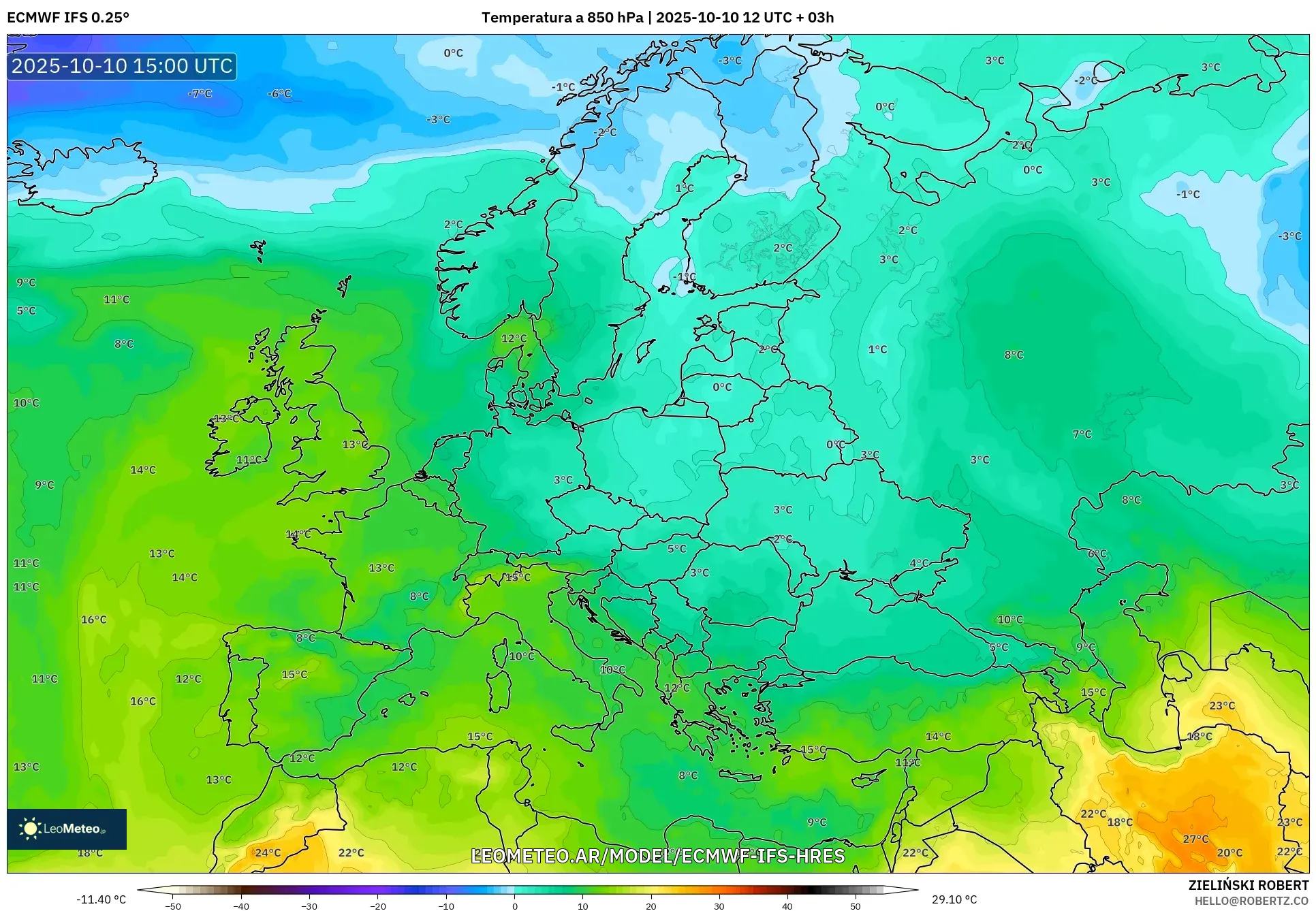 ECMWF IFS 0.25° model - Europa, Temperatura a 850 hPa ECMWF IFS 0.25° model - Europa, Temperatura a 850 hPa