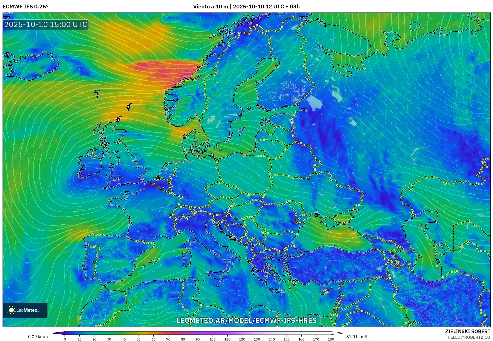 ECMWF IFS 0.25° model - Europa, Viento a 10 m ECMWF IFS 0.25° model - Europa, Viento a 10 m