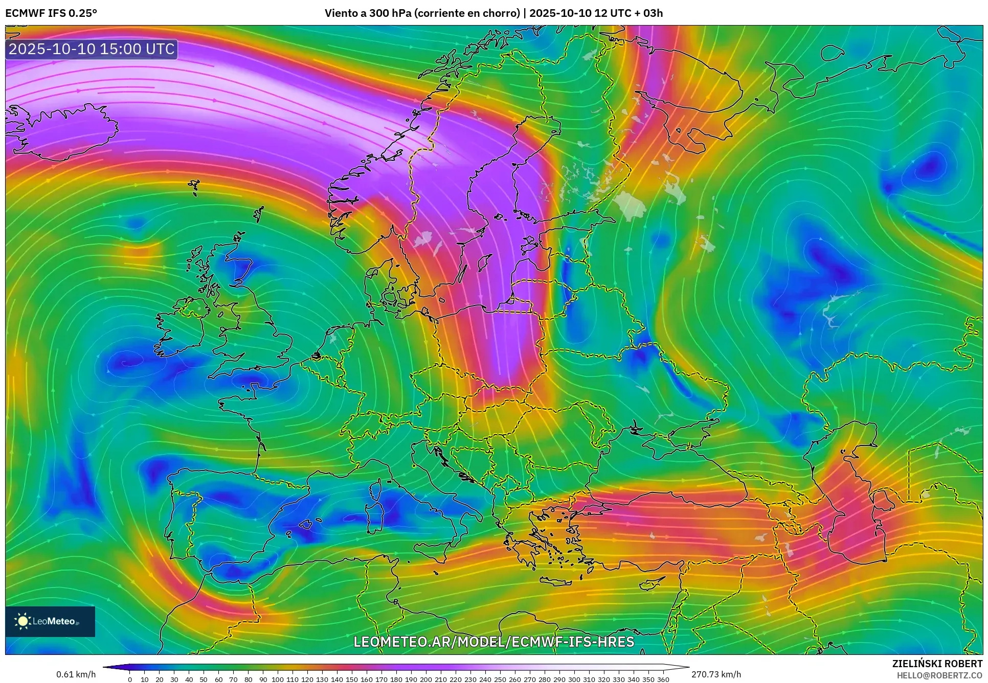 ECMWF IFS 0.25° model - Europa, Viento a 300 hPa (corriente en chorro) ECMWF IFS 0.25° model - Europa, Viento a 300 hPa (corriente en chorro)