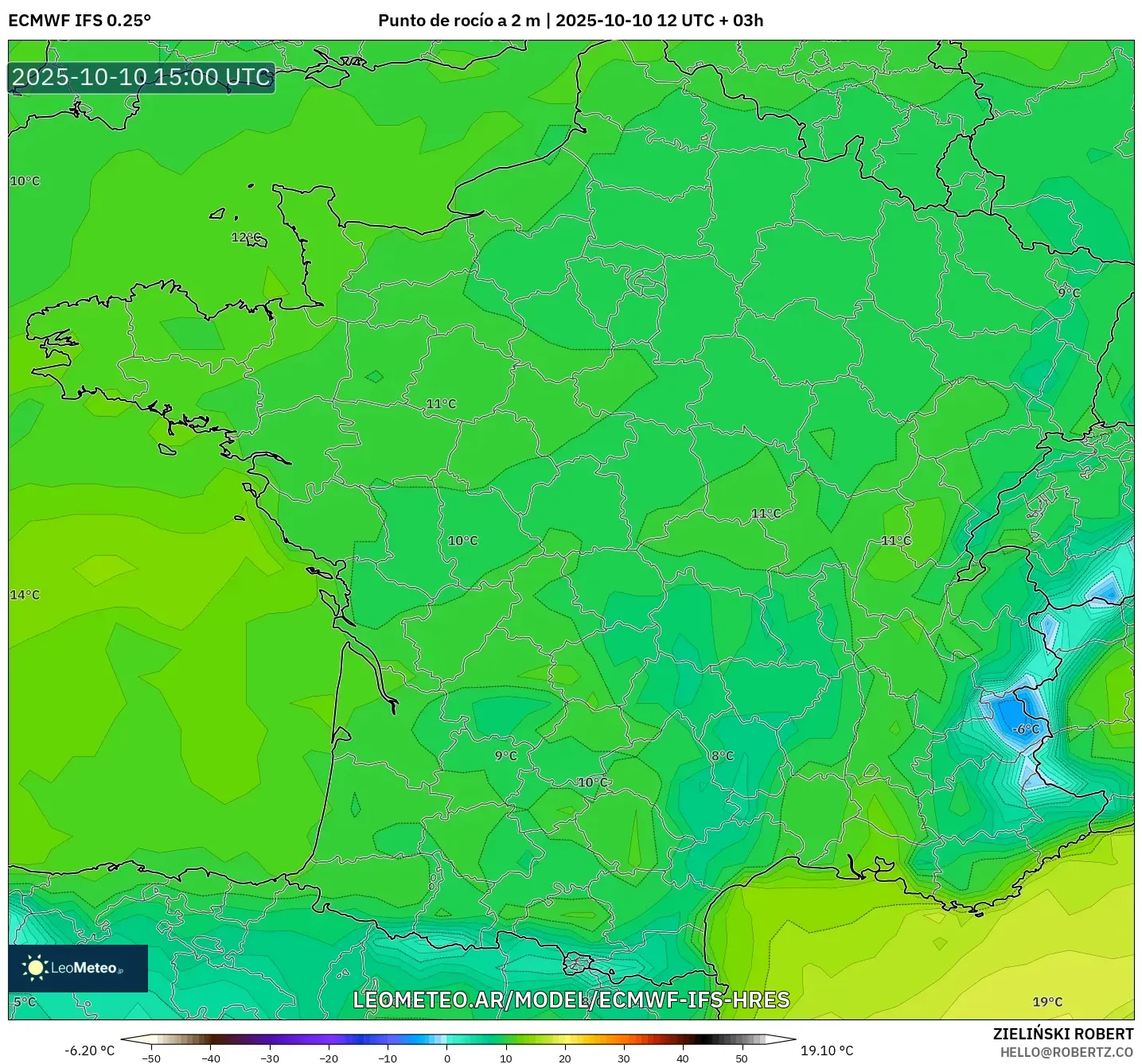 ECMWF IFS 0.25° model - Francia, Punto de rocío a 2 m ECMWF IFS 0.25° model - Francia, Punto de rocío a 2 m