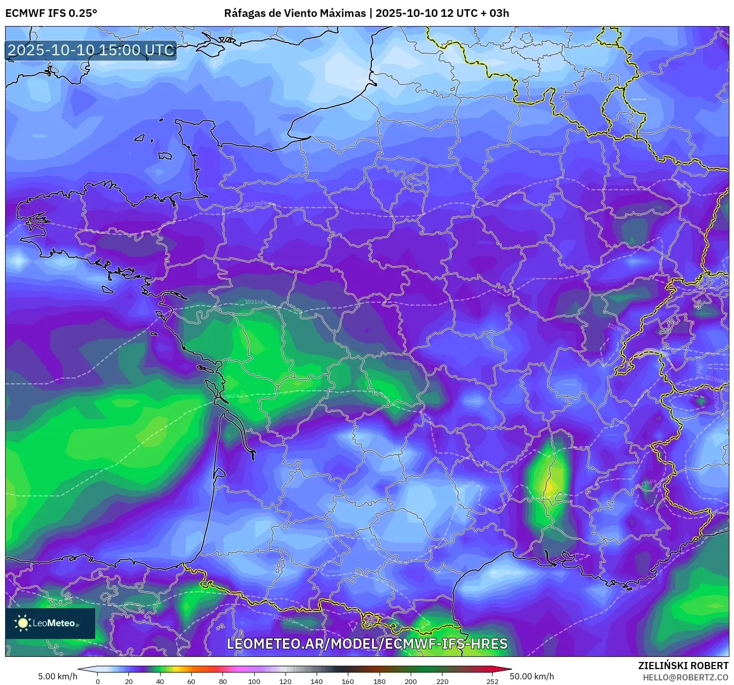 ECMWF IFS 0.25° model - Francia, Ráfagas de Viento Máximas ECMWF IFS 0.25° model - Francia, Ráfagas de Viento Máximas