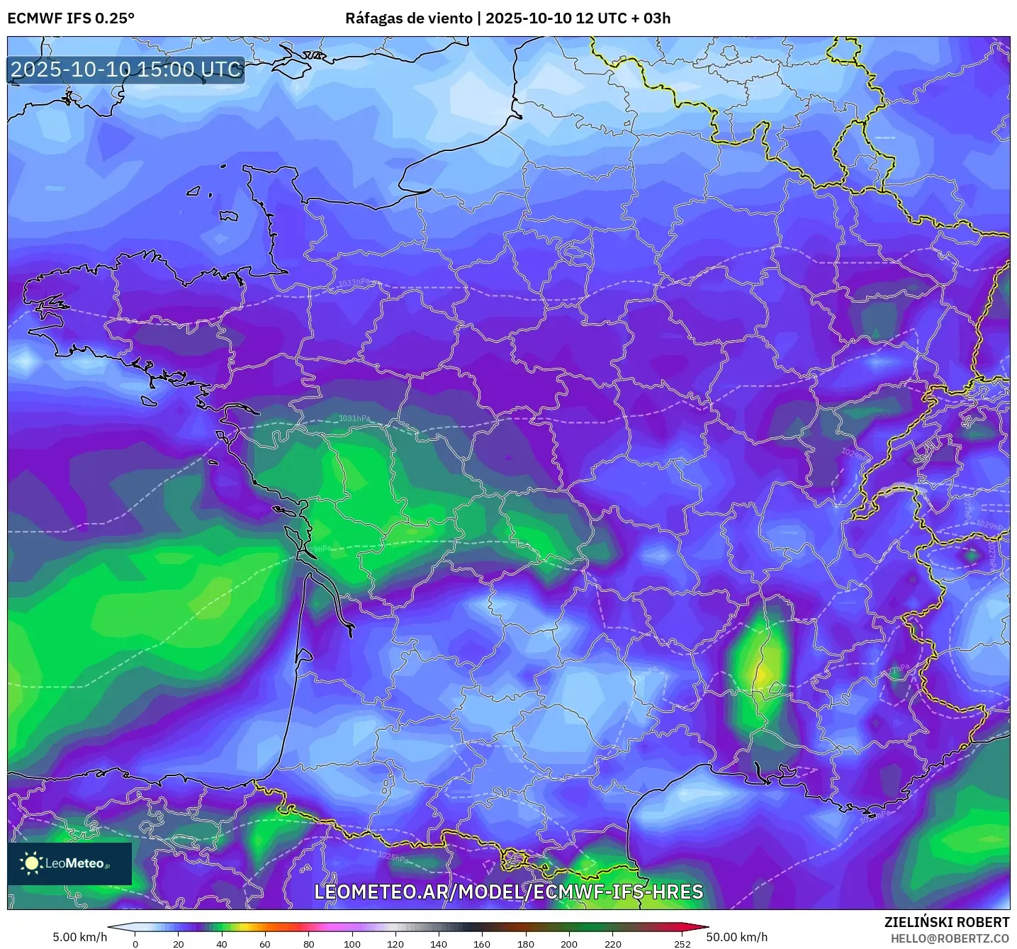 ECMWF IFS 0.25° model - Francia, Ráfagas de viento ECMWF IFS 0.25° model - Francia, Ráfagas de viento