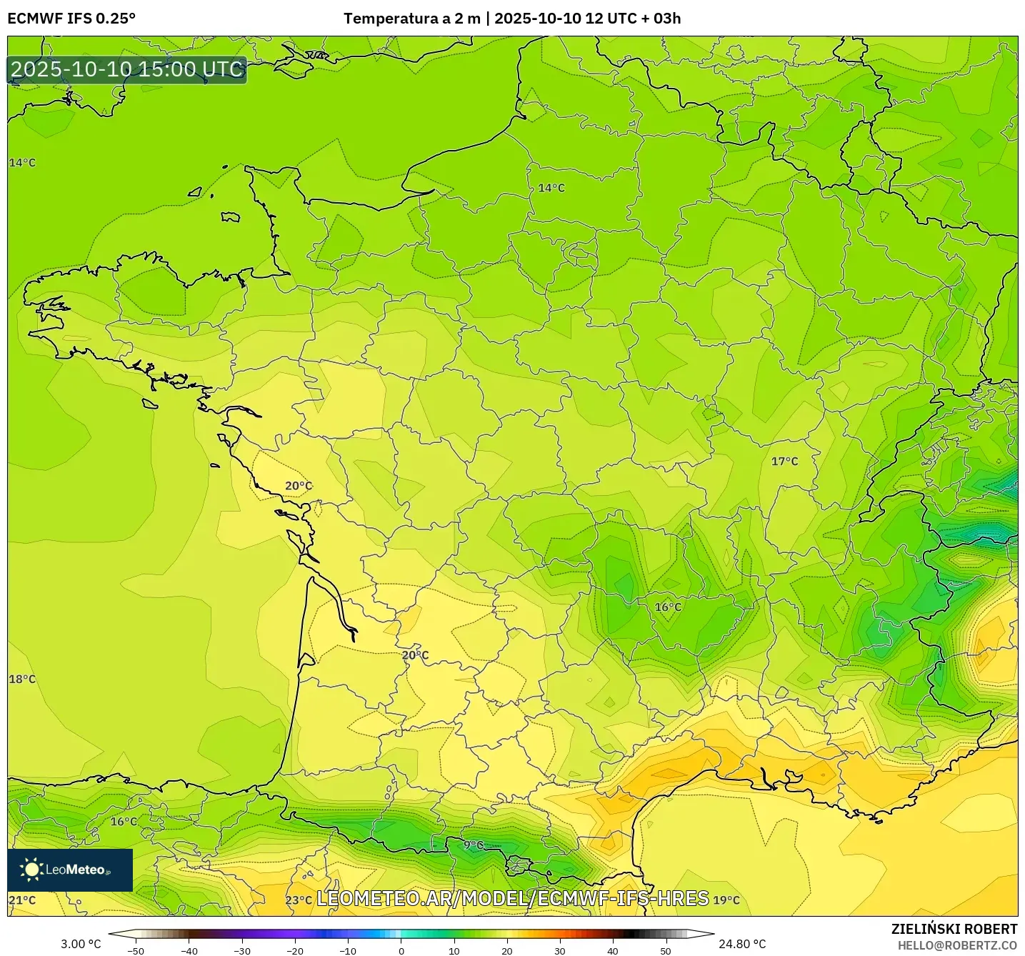 ECMWF IFS 0.25° model - Francia, Temperatura a 2 m ECMWF IFS 0.25° model - Francia, Temperatura a 2 m