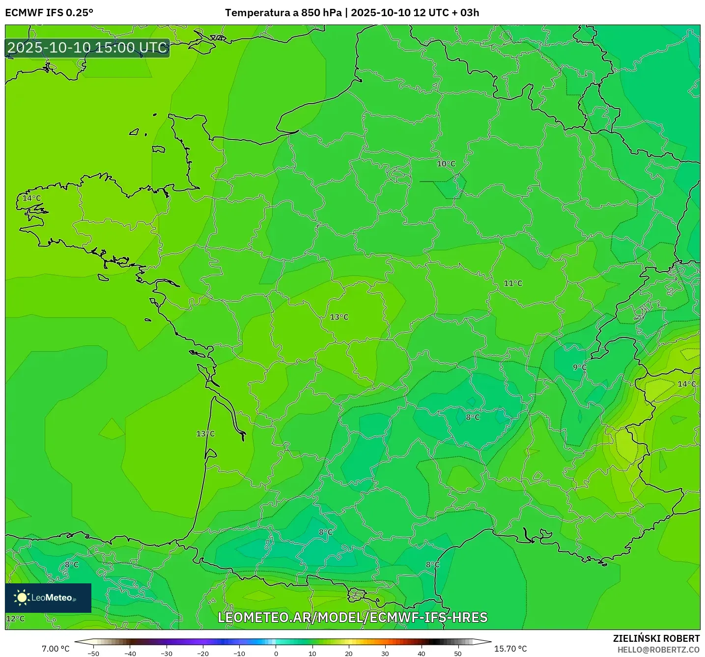 ECMWF IFS 0.25° model - Francia, Temperatura a 850 hPa ECMWF IFS 0.25° model - Francia, Temperatura a 850 hPa