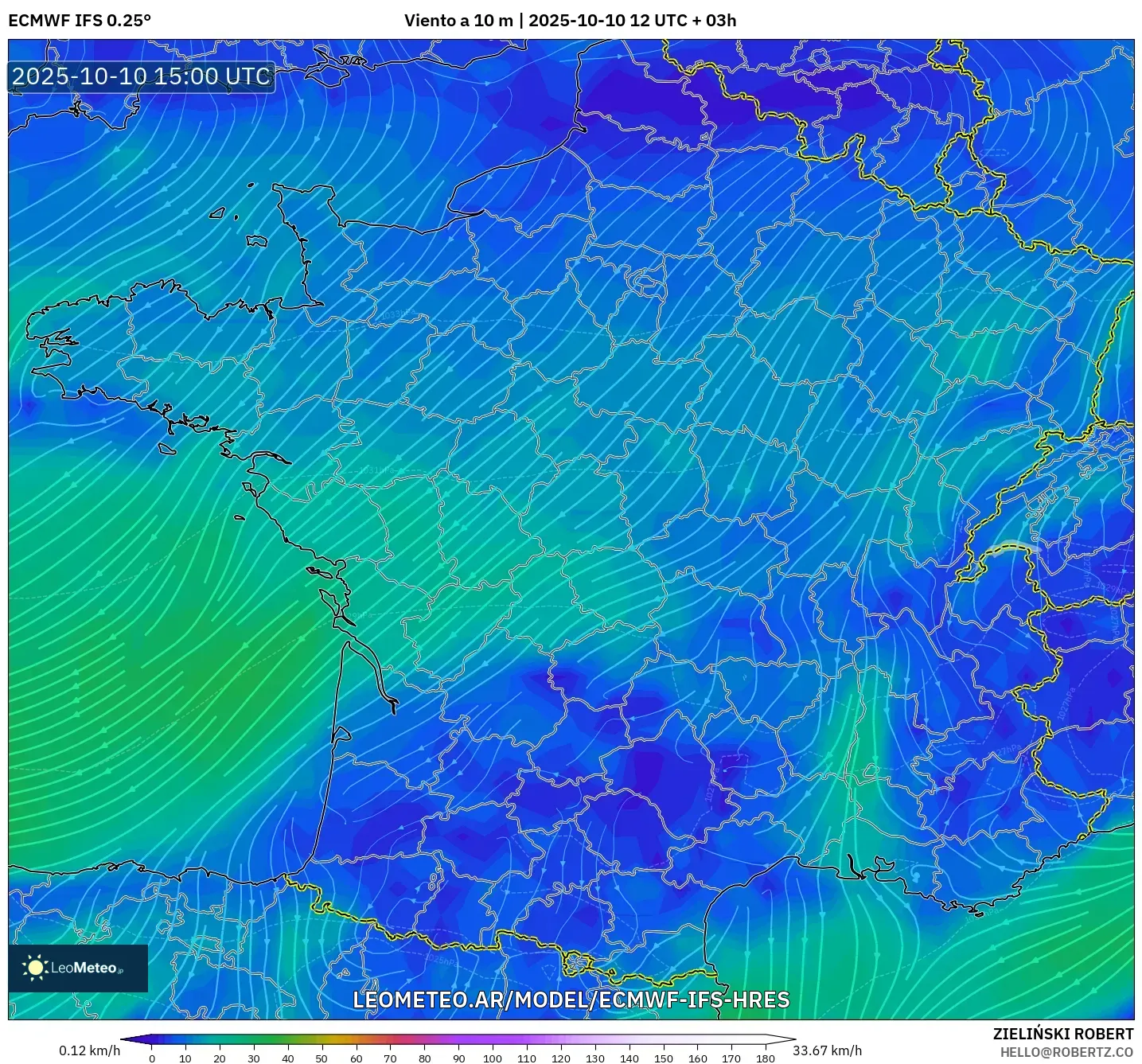 ECMWF IFS 0.25° model - Francia, Viento a 10 m ECMWF IFS 0.25° model - Francia, Viento a 10 m