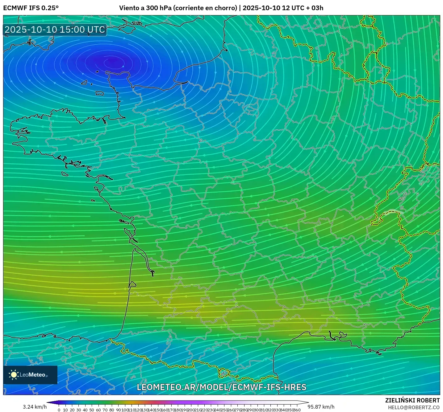 ECMWF IFS 0.25° model - Francia, Viento a 300 hPa (corriente en chorro) ECMWF IFS 0.25° model - Francia, Viento a 300 hPa (corriente en chorro)