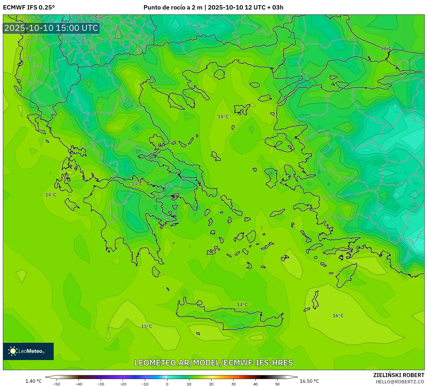 ECMWF IFS 0.25° model - Grecia, Punto de rocío a 2 m ECMWF IFS 0.25° model - Grecia, Punto de rocío a 2 m