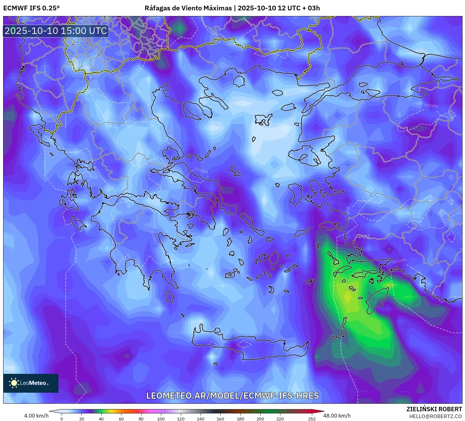 ECMWF IFS 0.25° model - Grecia, Ráfagas de Viento Máximas ECMWF IFS 0.25° model - Grecia, Ráfagas de Viento Máximas