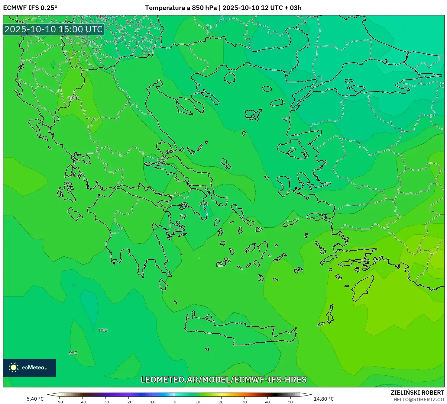 ECMWF IFS 0.25° model - Grecia, Temperatura a 850 hPa
