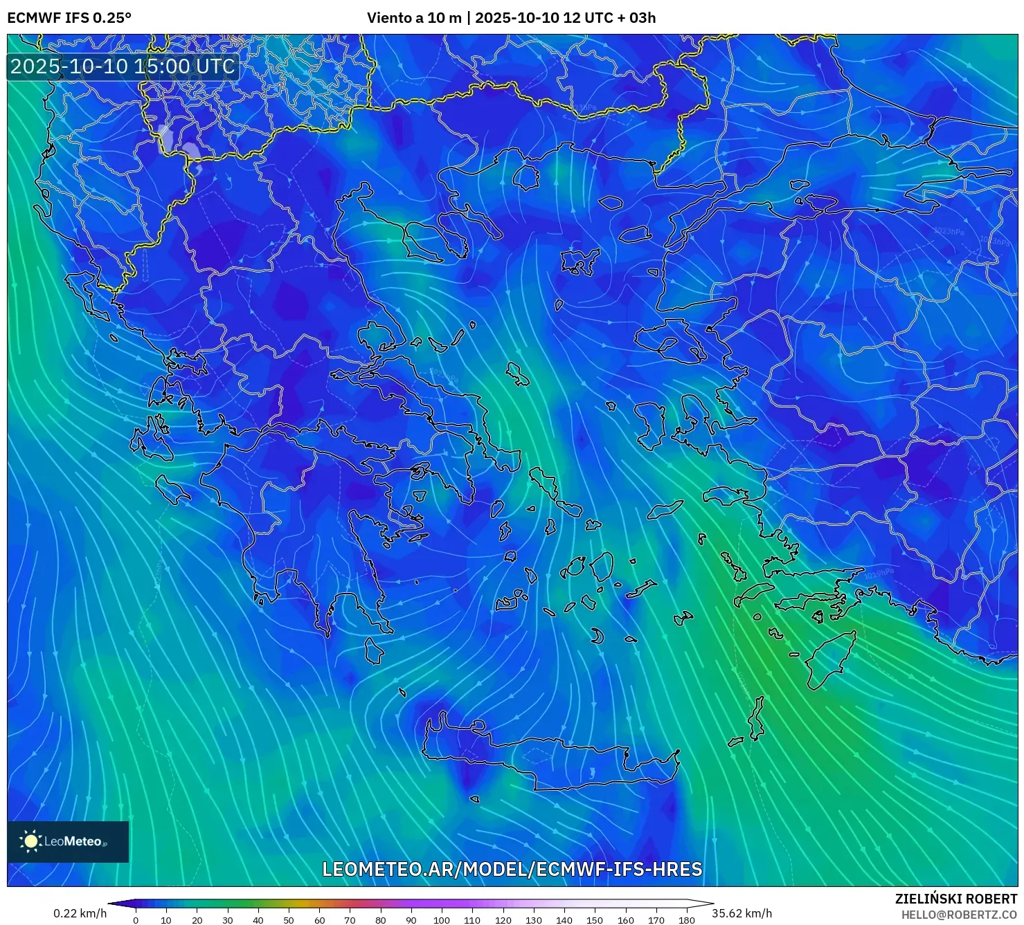 ECMWF IFS 0.25° model - Grecia, Viento a 10 m ECMWF IFS 0.25° model - Grecia, Viento a 10 m