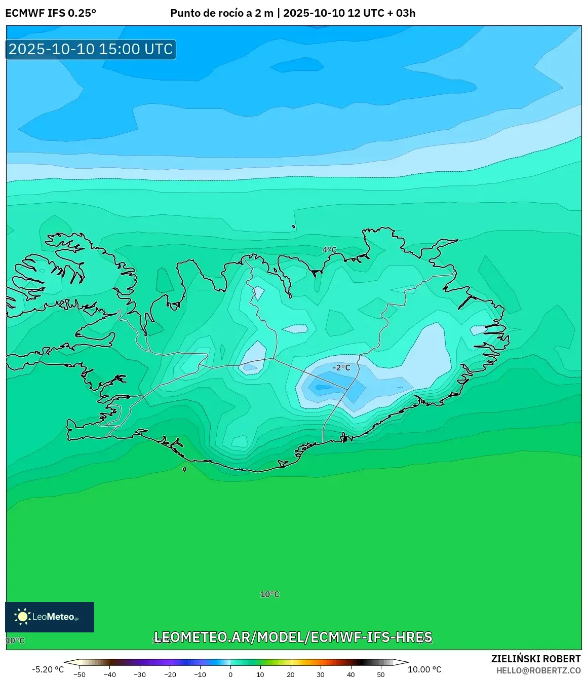 ECMWF IFS 0.25° model - Islandia, Punto de rocío a 2 m ECMWF IFS 0.25° model - Islandia, Punto de rocío a 2 m