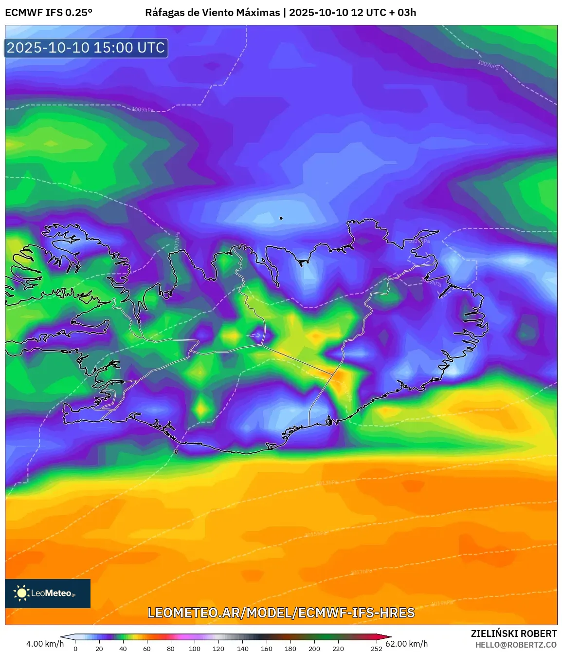 ECMWF IFS 0.25° model - Islandia, Ráfagas de Viento Máximas ECMWF IFS 0.25° model - Islandia, Ráfagas de Viento Máximas