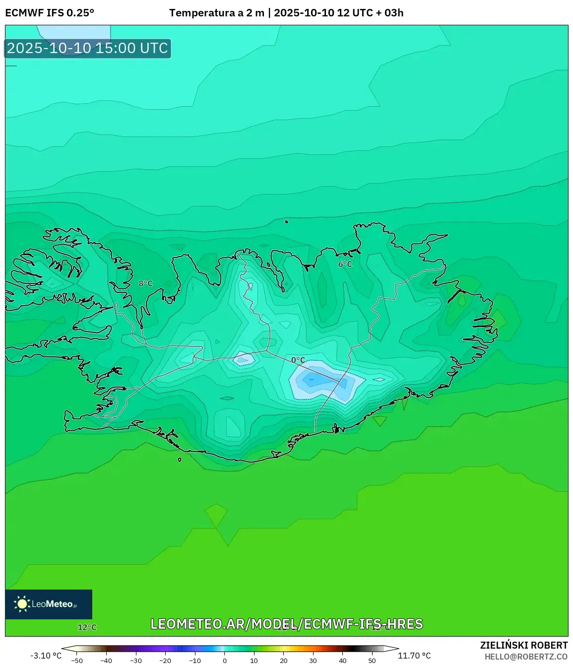 ECMWF IFS 0.25° model - Islandia, Temperatura a 2 m ECMWF IFS 0.25° model - Islandia, Temperatura a 2 m