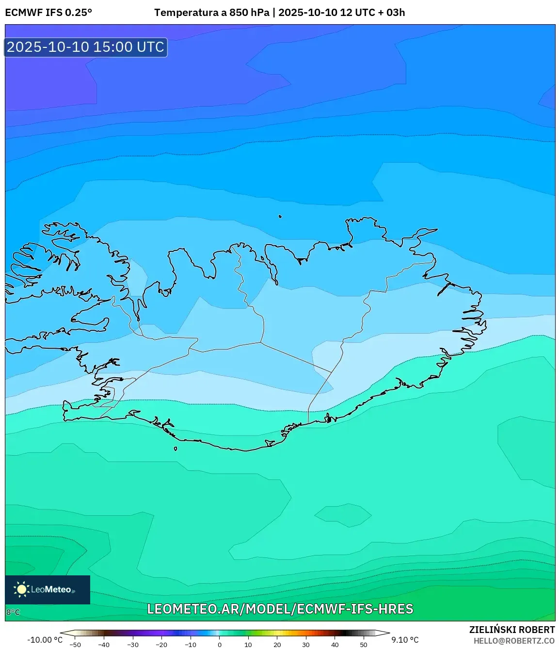 ECMWF IFS 0.25° model - Islandia, Temperatura a 850 hPa