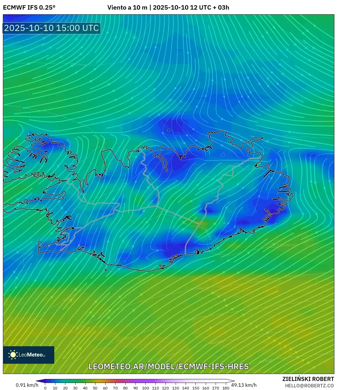 ECMWF IFS 0.25° model - Islandia, Viento a 10 m ECMWF IFS 0.25° model - Islandia, Viento a 10 m