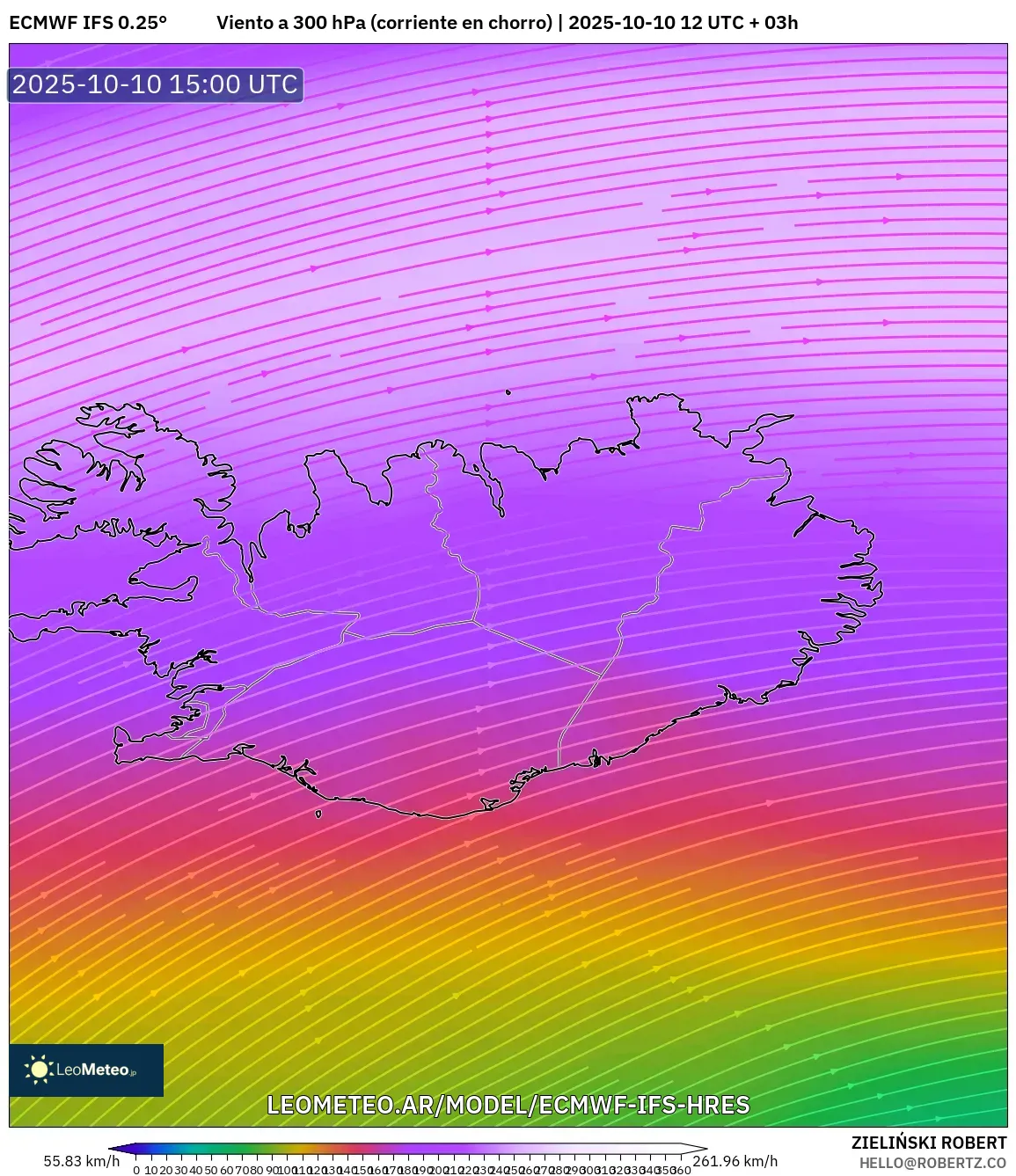 ECMWF IFS 0.25° model - Islandia, Viento a 300 hPa (corriente en chorro) ECMWF IFS 0.25° model - Islandia, Viento a 300 hPa (corriente en chorro)