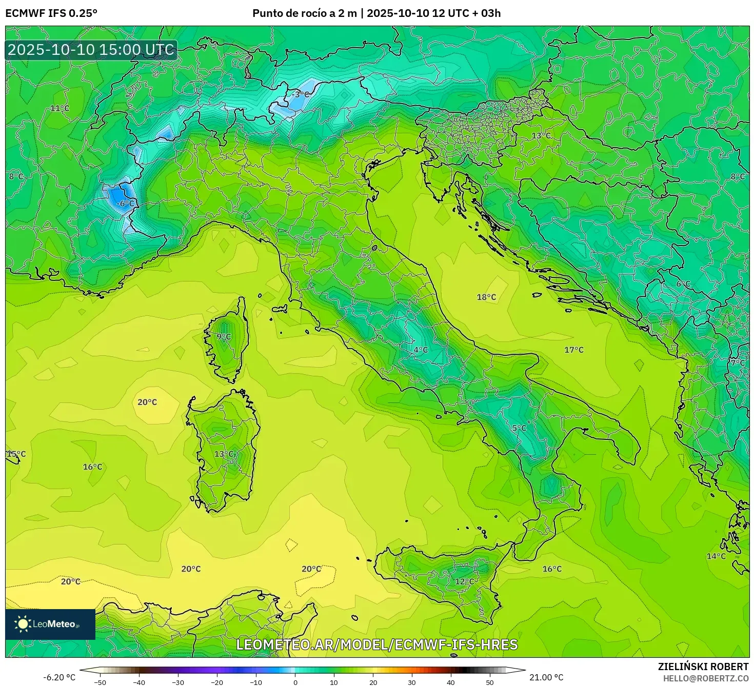 ECMWF IFS 0.25° model - Italia, Punto de rocío a 2 m ECMWF IFS 0.25° model - Italia, Punto de rocío a 2 m
