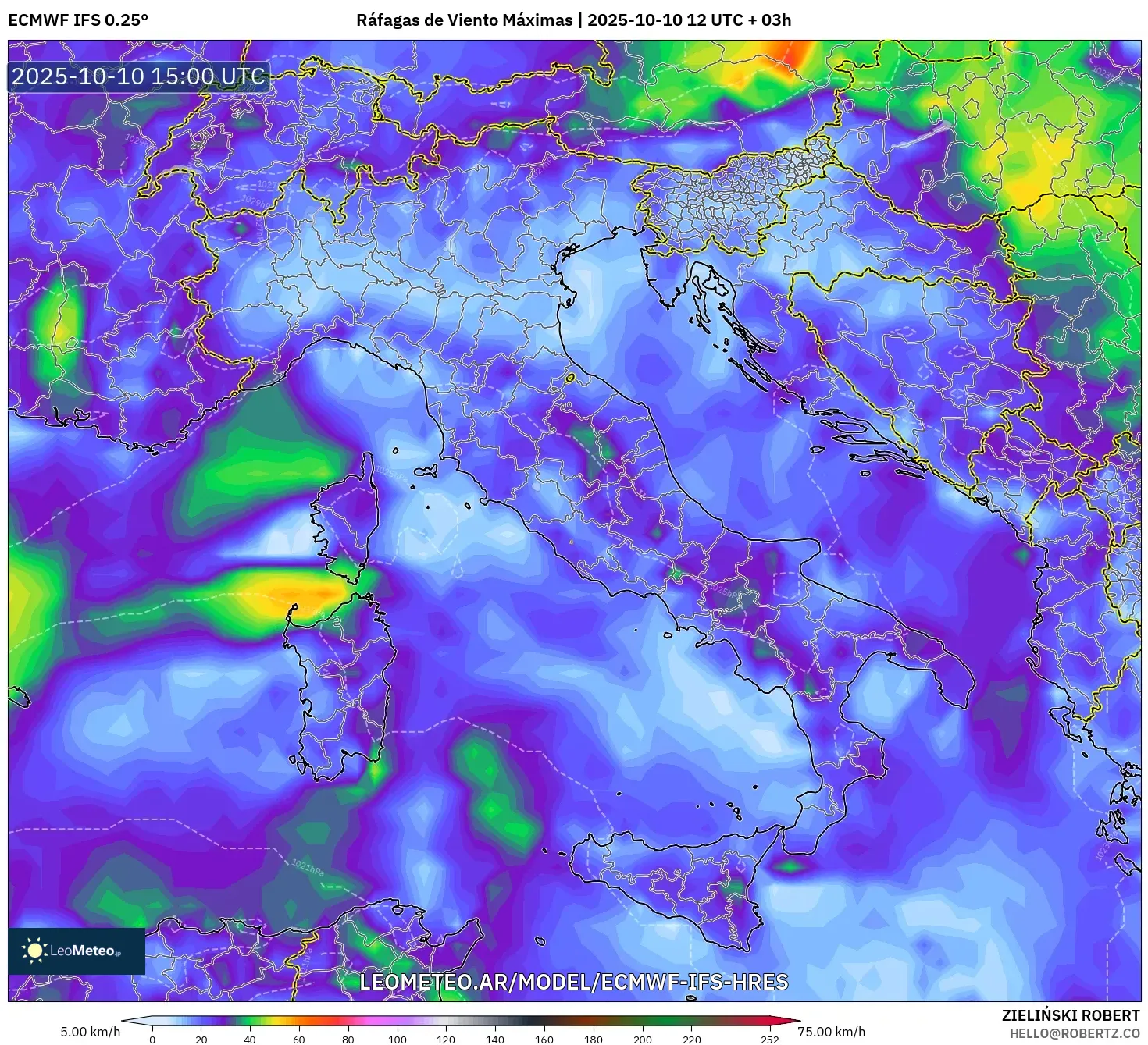 ECMWF IFS 0.25° model - Italia, Ráfagas de Viento Máximas ECMWF IFS 0.25° model - Italia, Ráfagas de Viento Máximas