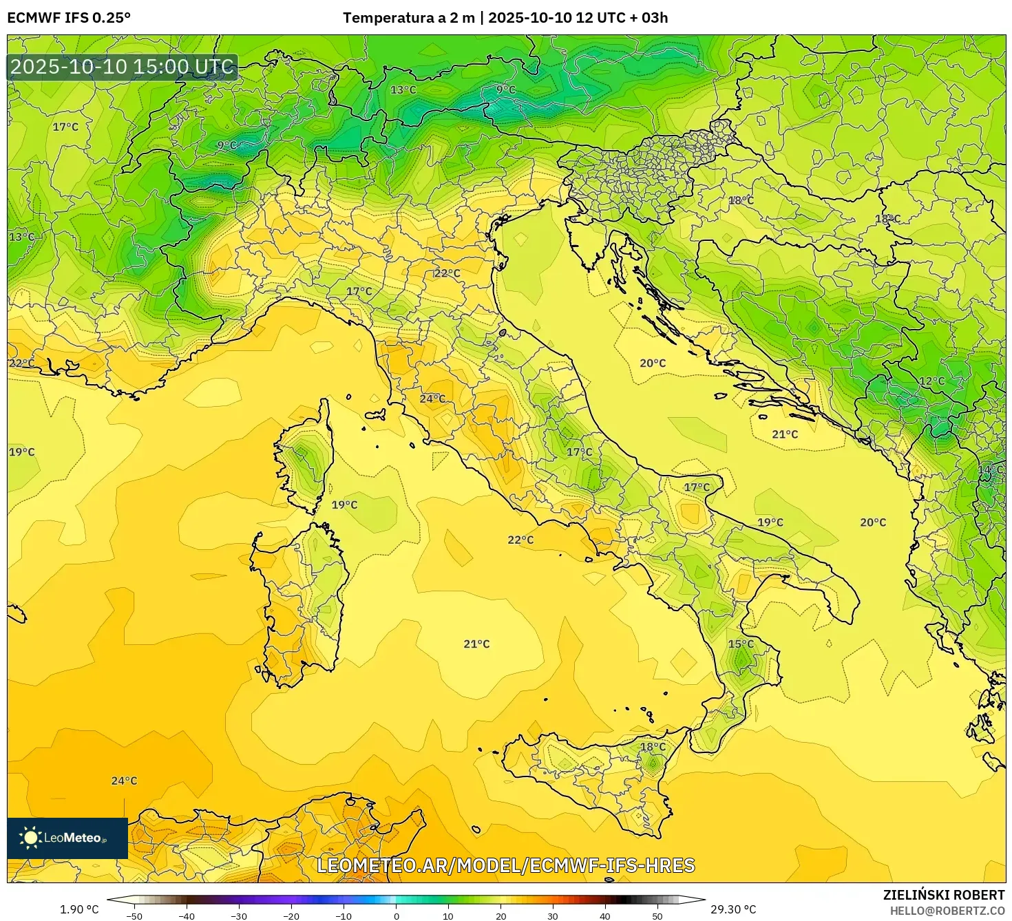 ECMWF IFS 0.25° model - Italia, Temperatura a 2 m