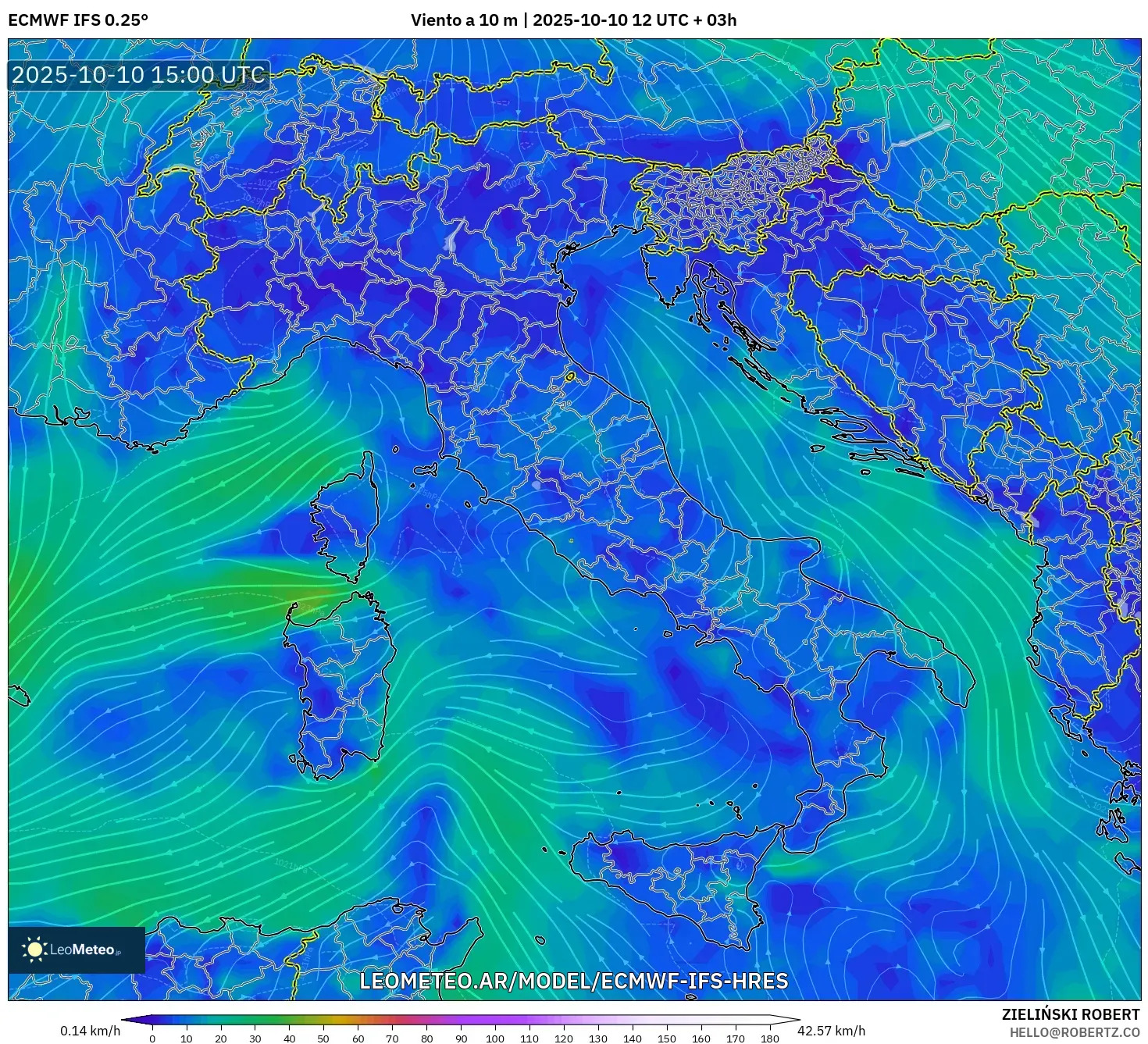 ECMWF IFS 0.25° model - Italia, Viento a 10 m ECMWF IFS 0.25° model - Italia, Viento a 10 m