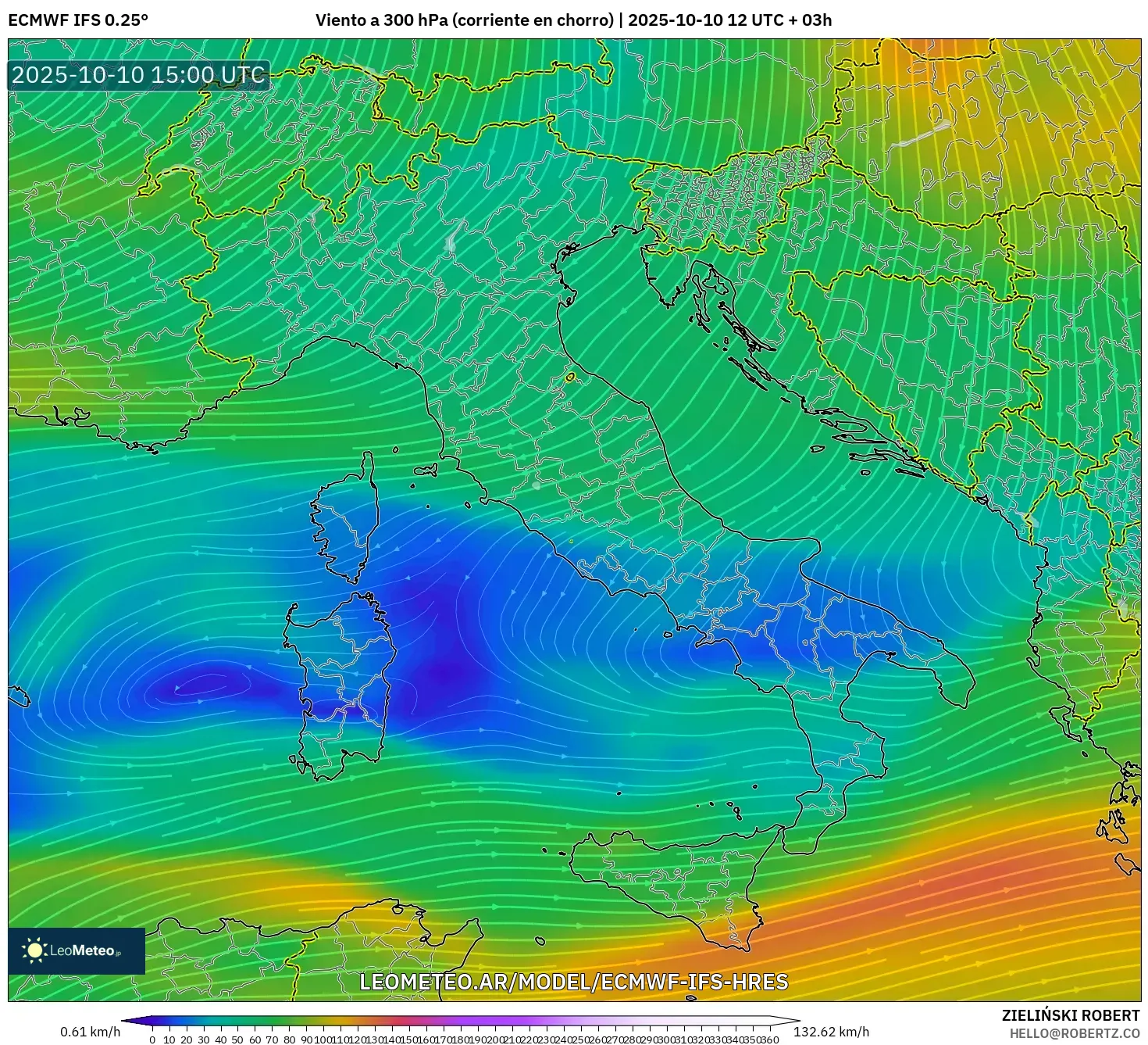 ECMWF IFS 0.25° model - Italia, Viento a 300 hPa (corriente en chorro) ECMWF IFS 0.25° model - Italia, Viento a 300 hPa (corriente en chorro)