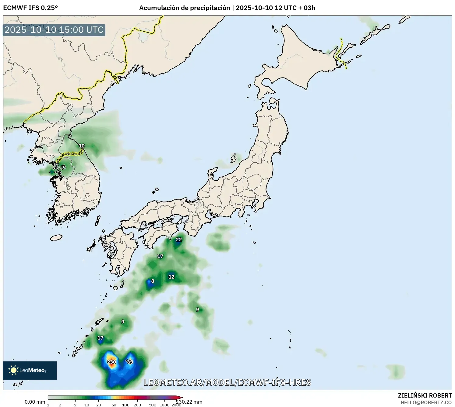ECMWF IFS 0.25° model - Japón, Acumulación de precipitación ECMWF IFS 0.25° model - Japón, Acumulación de precipitación